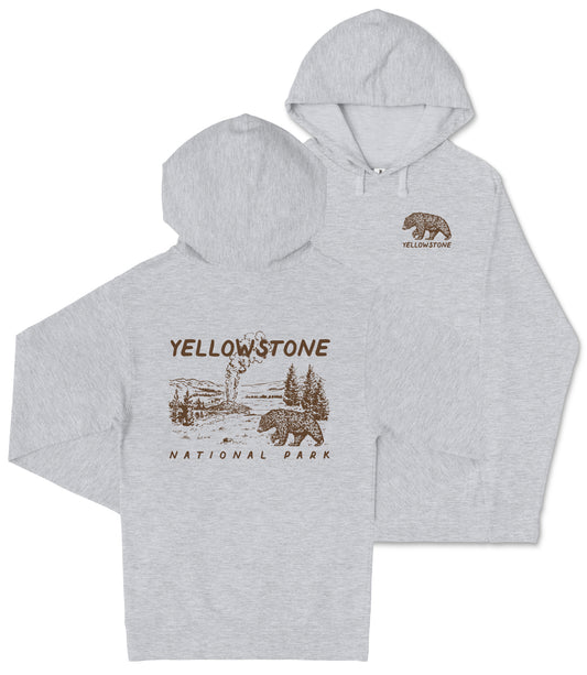 A grey hooded sweatshirt with a graphic design depicting a bear and the text "Yellowstone National Park" printed on it.