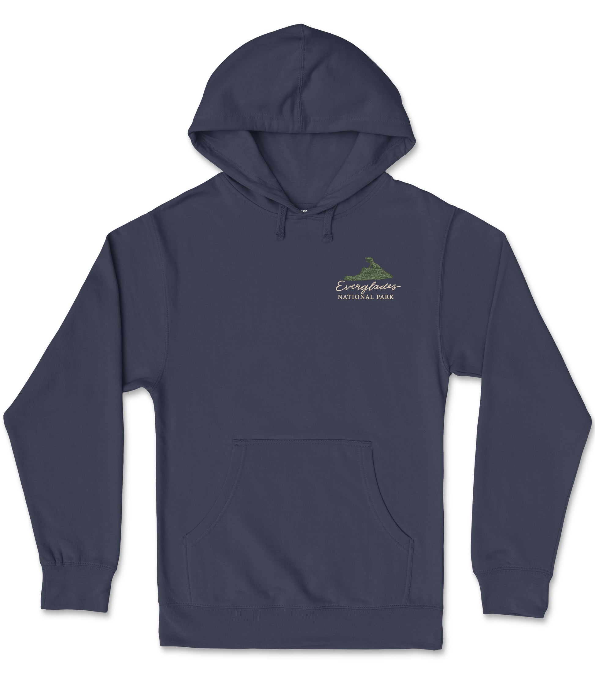 A navy blue hooded sweatshirt with a logo on the front.