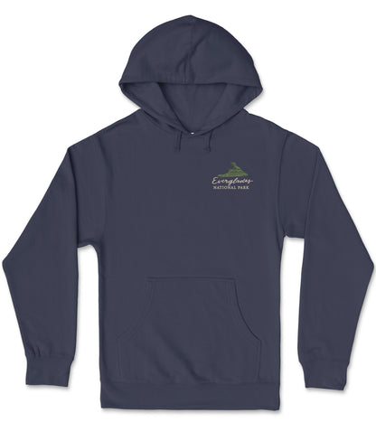 A navy blue hooded sweatshirt with a logo on the front.