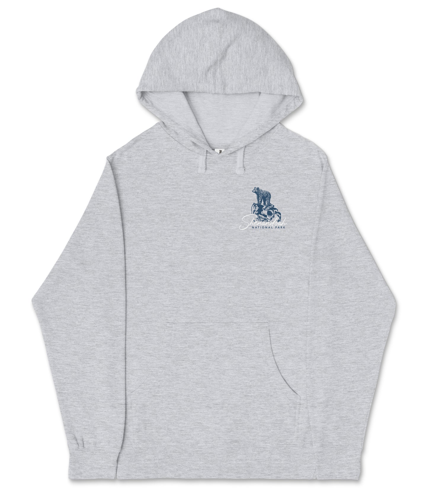 A gray hooded sweatshirt with a graphic design on the left side.