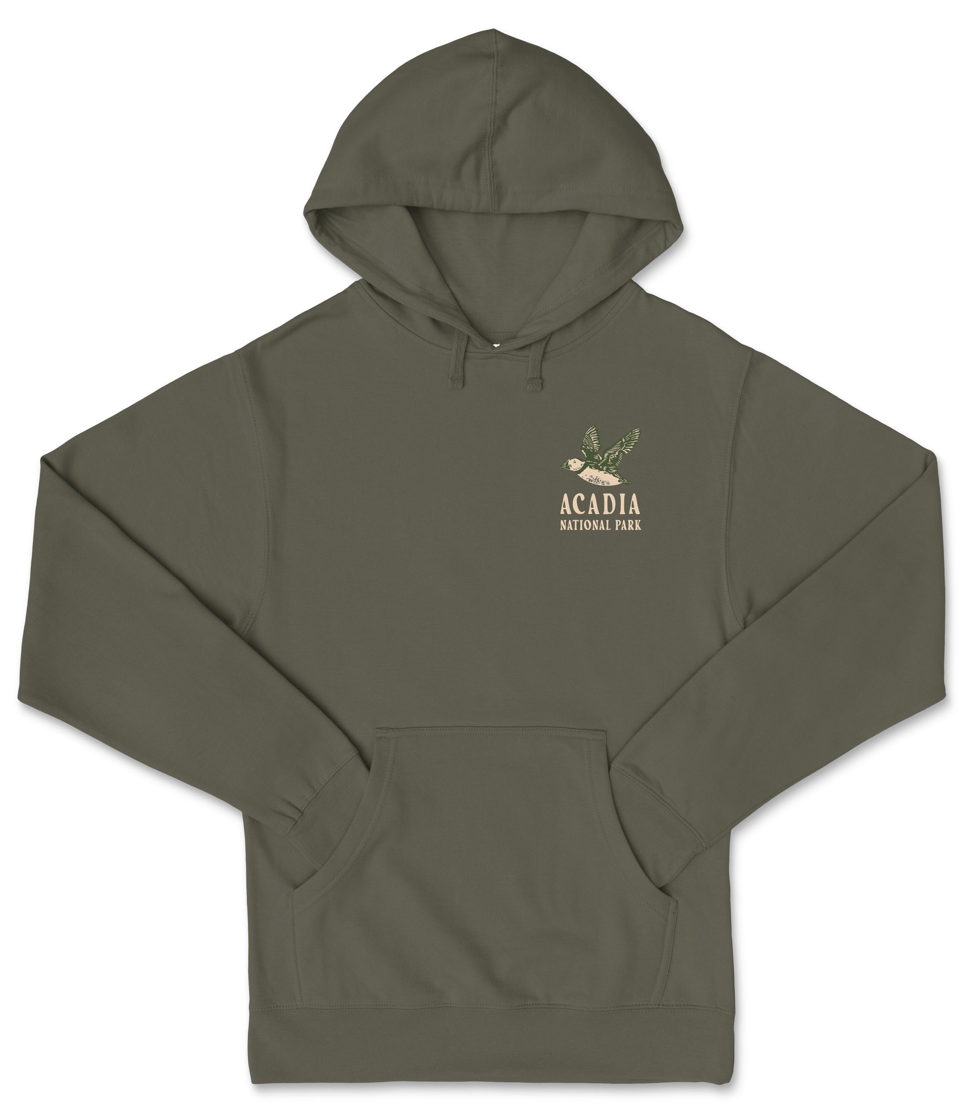 A dark green hooded sweatshirt with the text "ACADEMIA NATIONAL PARK" printed on the front.