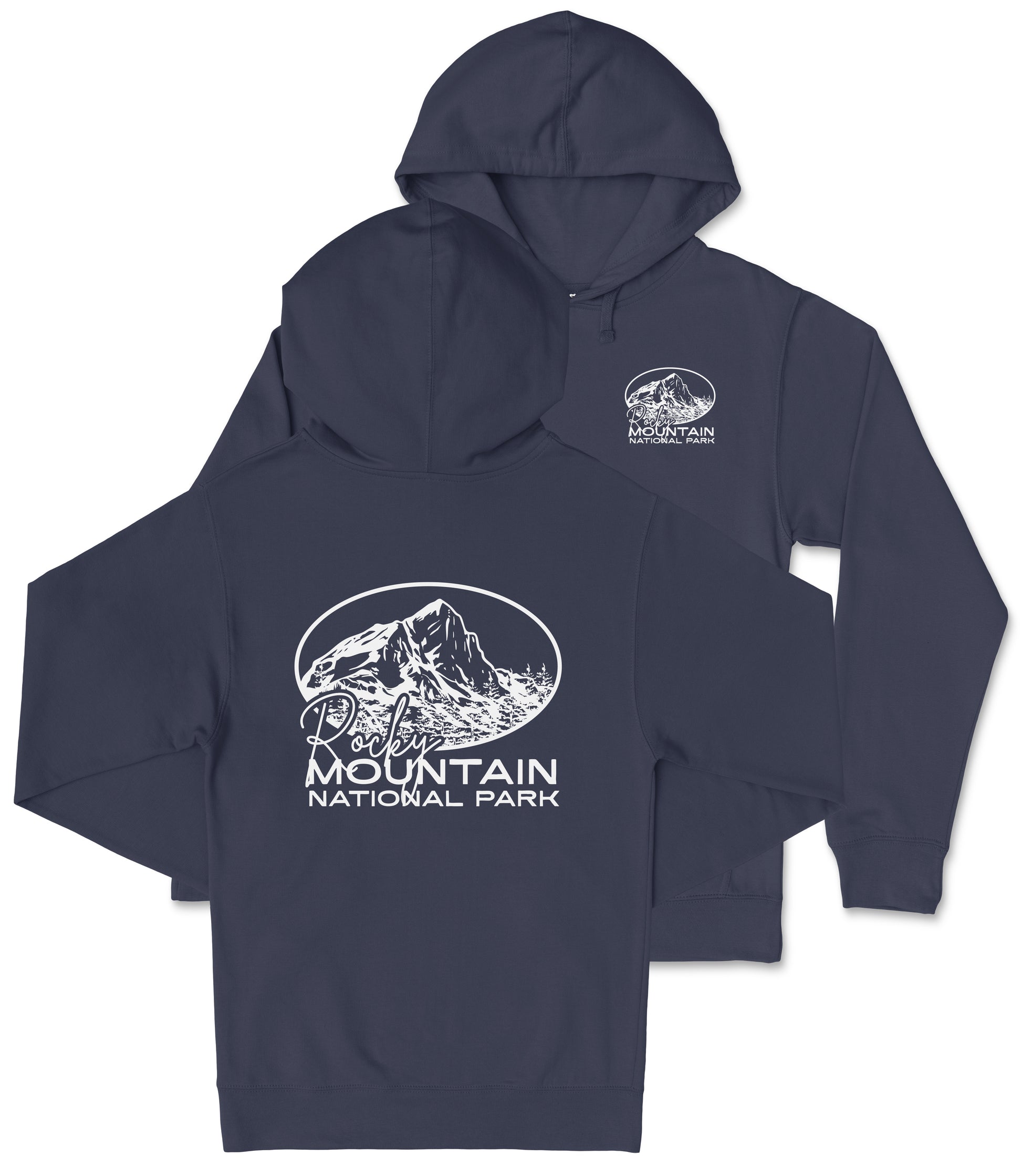 A navy blue hooded sweatshirt with a white graphic design and text on the back.