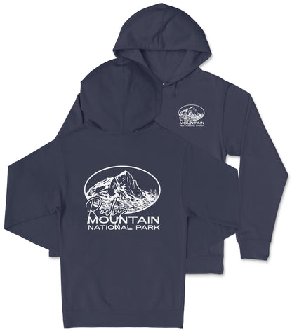 A navy blue hooded sweatshirt with a white graphic design and text on the back.