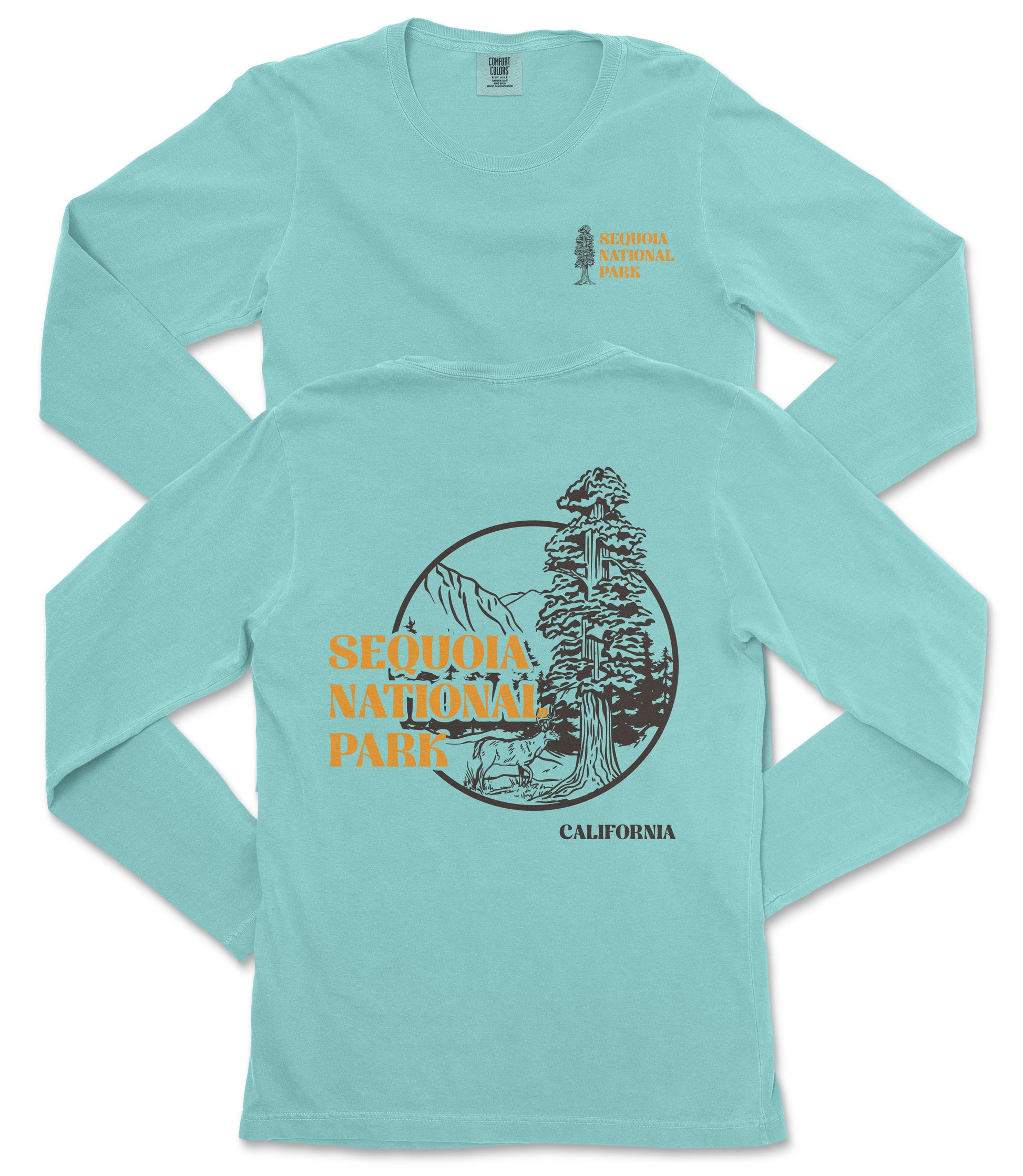 A light blue long-sleeved t-shirt with a graphic design featuring a tree and mountains, along with text that says "SEQUOIA NATIONAL PARK CALIFORNIA".