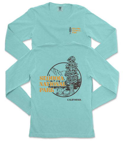 A light blue long-sleeved t-shirt with a graphic design featuring a tree and mountains, along with text that says "SEQUOIA NATIONAL PARK CALIFORNIA".