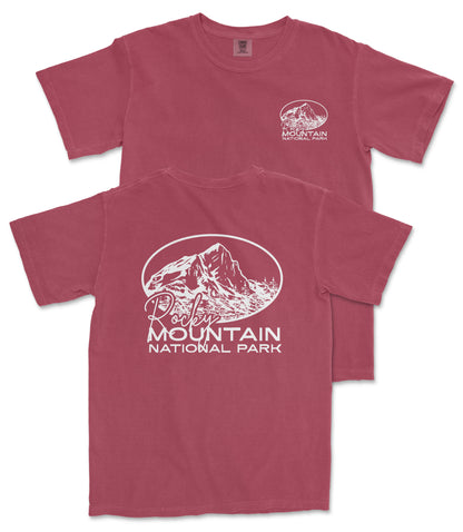 A red t-shirt with white text and graphics, including a mountain and the text "Rochester Mountain National Park".