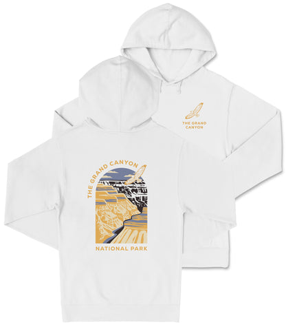 A white hooded sweatshirt with a graphic design depicting a scenic landscape, specifically The Grand Canyon, printed on the back.