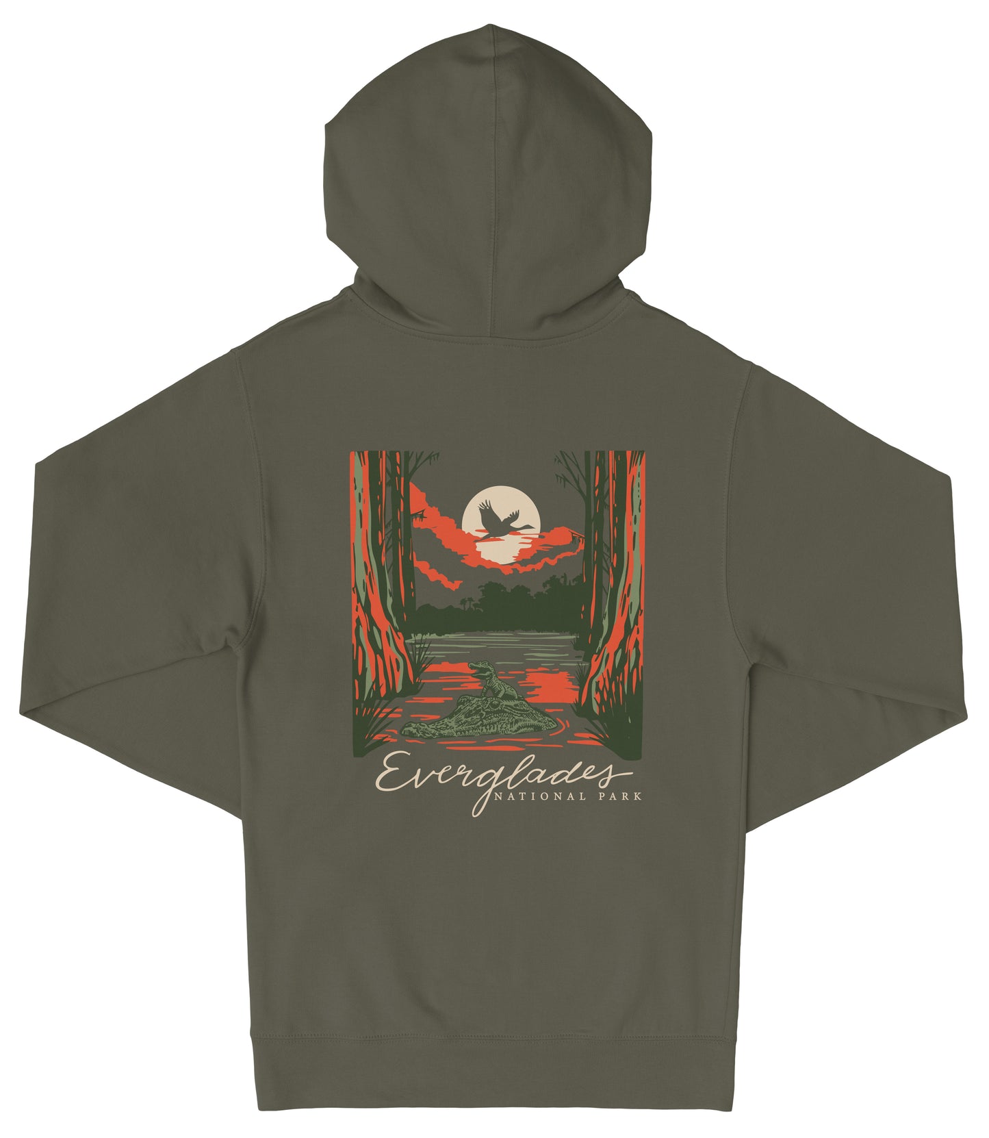 A dark green hooded sweatshirt with a graphic design depicting a sunset over a forest, with a bird flying in the sky.