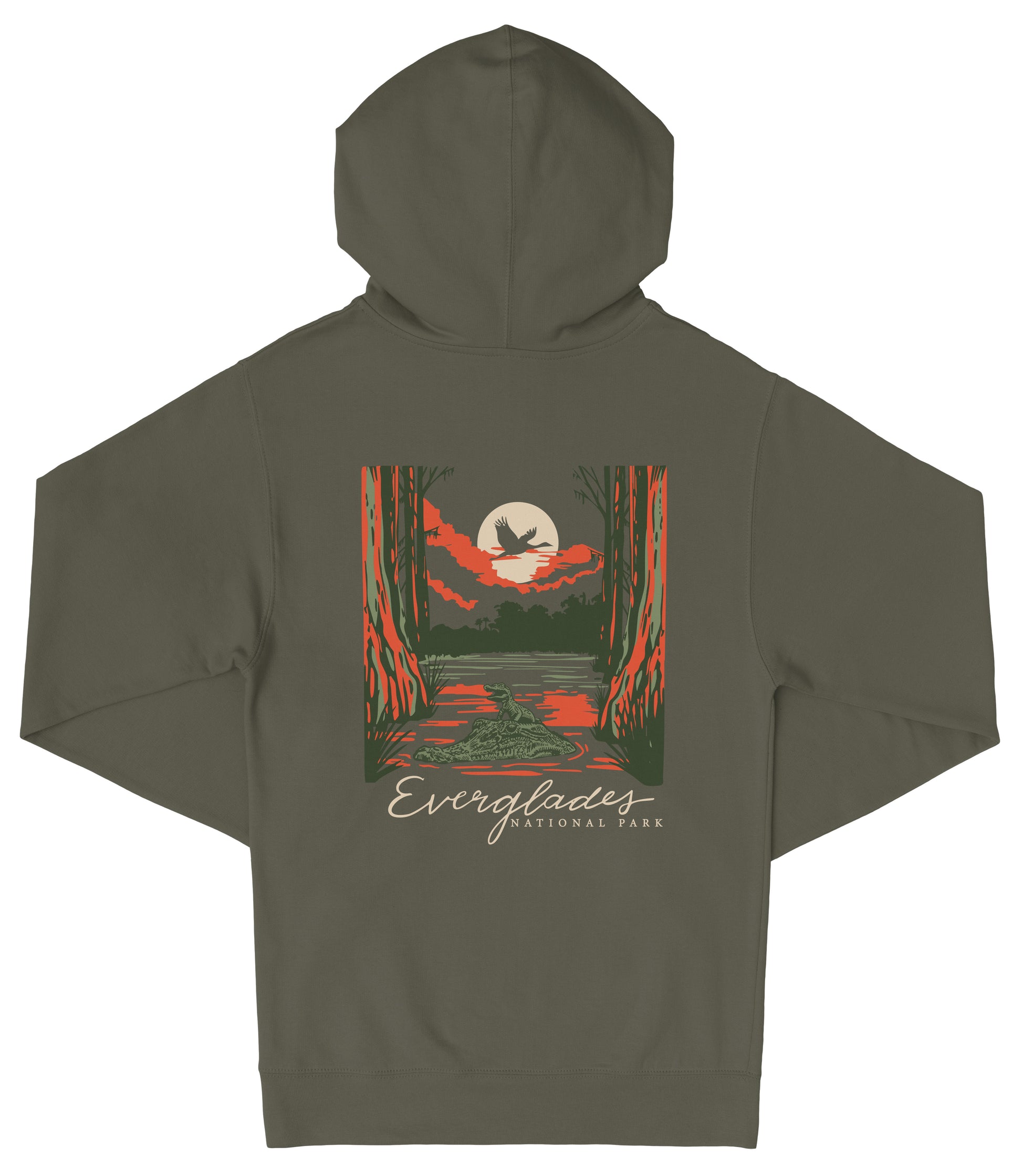 A dark green hooded sweatshirt with a graphic design depicting a sunset over a forest, with a bird flying in the sky.