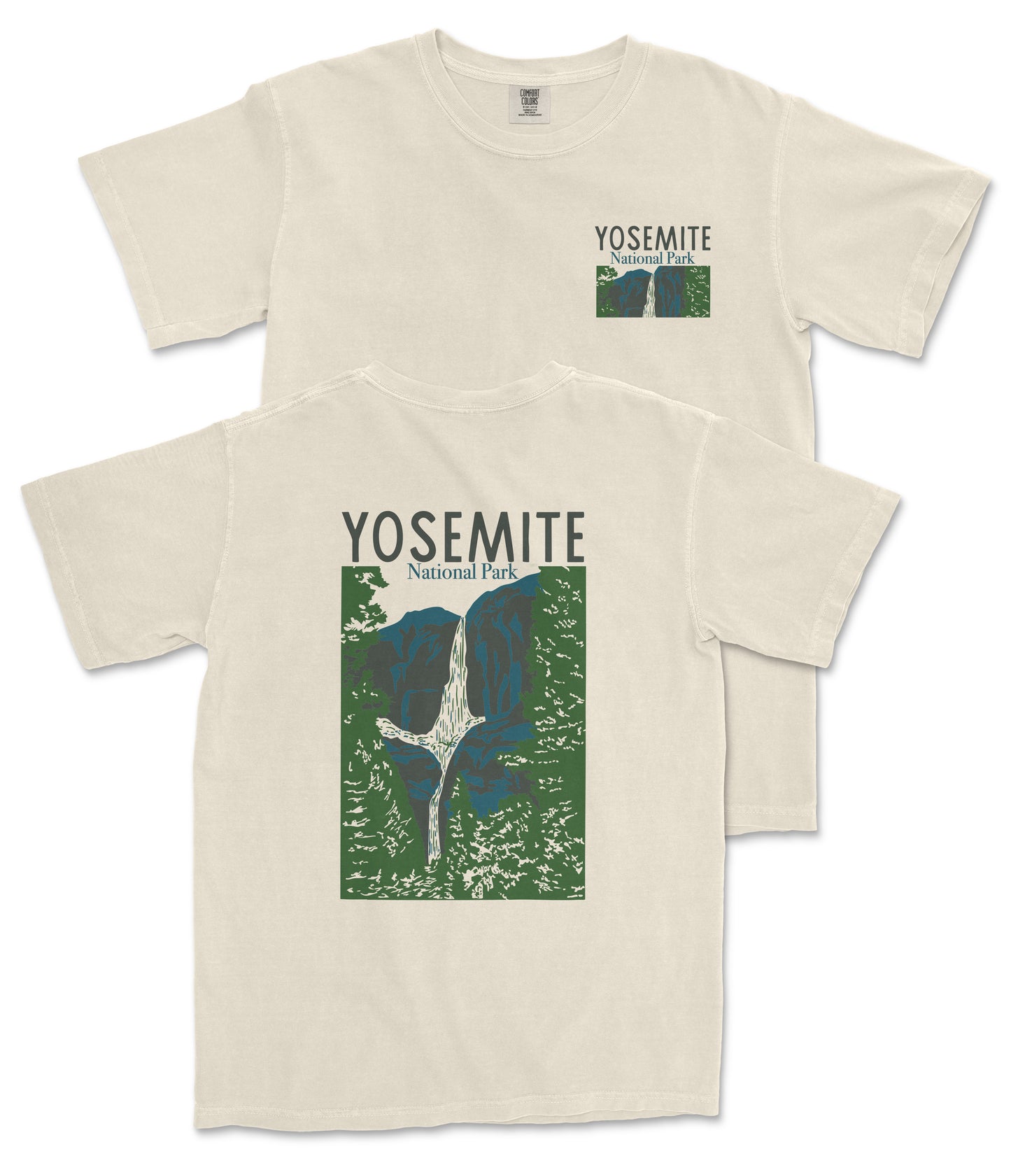 A beige t-shirt with a graphic design depicting a waterfall and mountains, along with the text "Yosemite National Park" printed on it.
