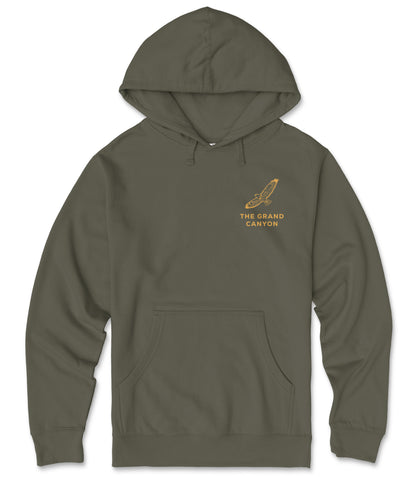 A dark green hooded sweatshirt with a graphic design on the front.