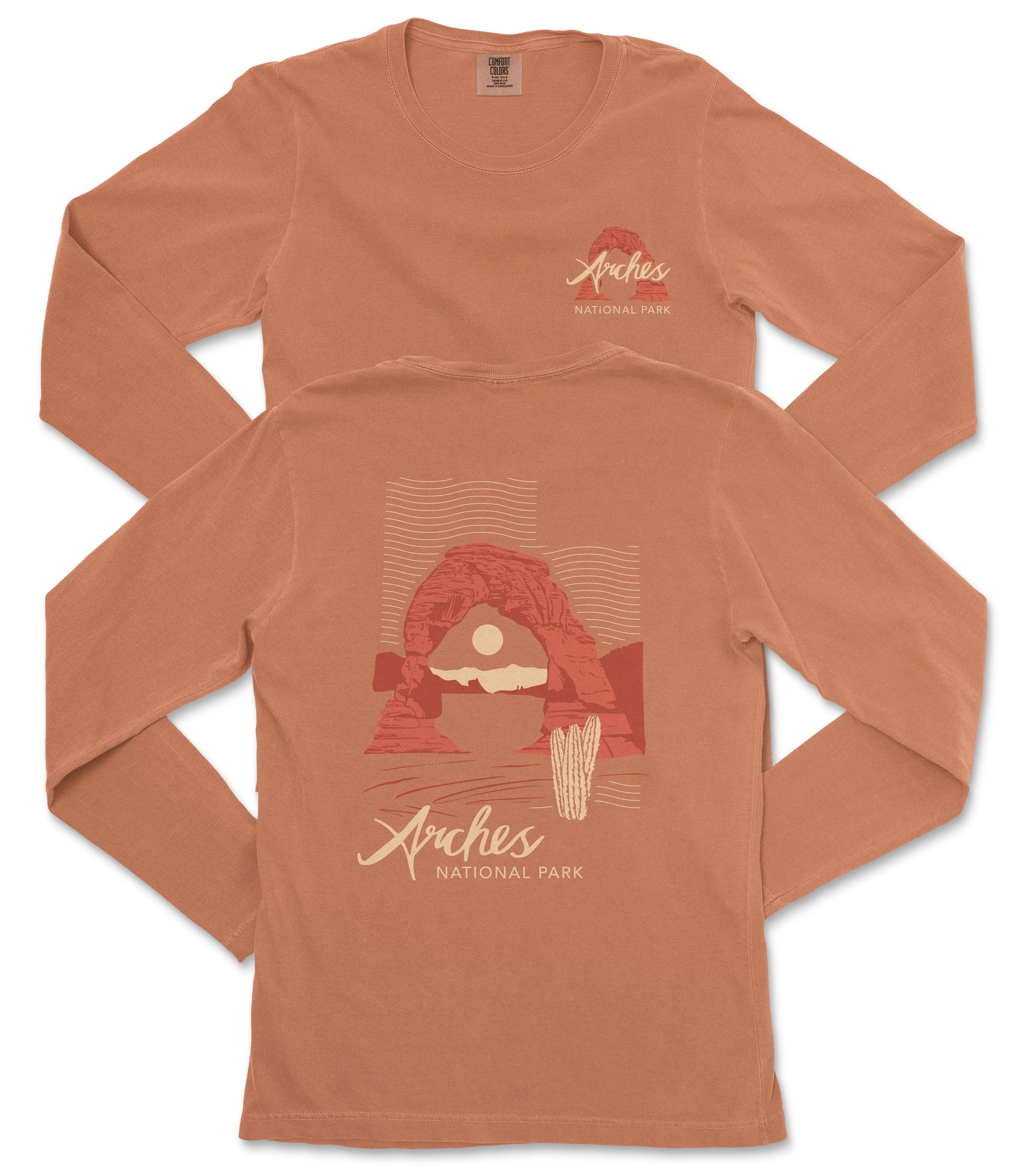 two long-sleeved t-shirts with a graphic design featuring a desert landscape with a rock formation and a cactus. The text on the t-shirts reads "Arches National Park".