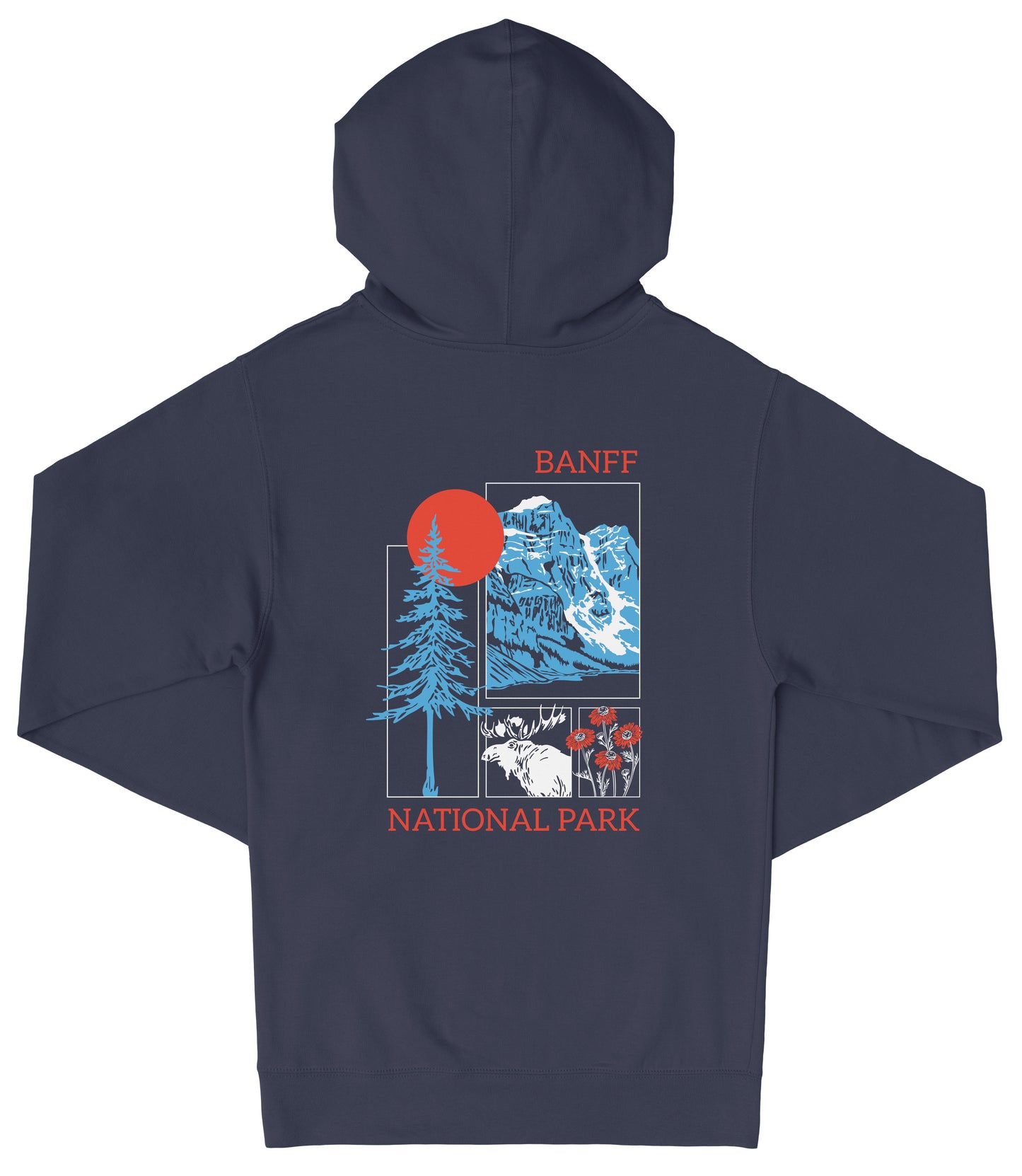 A navy blue hooded sweatshirt with a graphic design featuring a mountain landscape, a tree, and a sun. The text "BANFF NATIONAL PARK" is printed on the back of the sweatshirt.