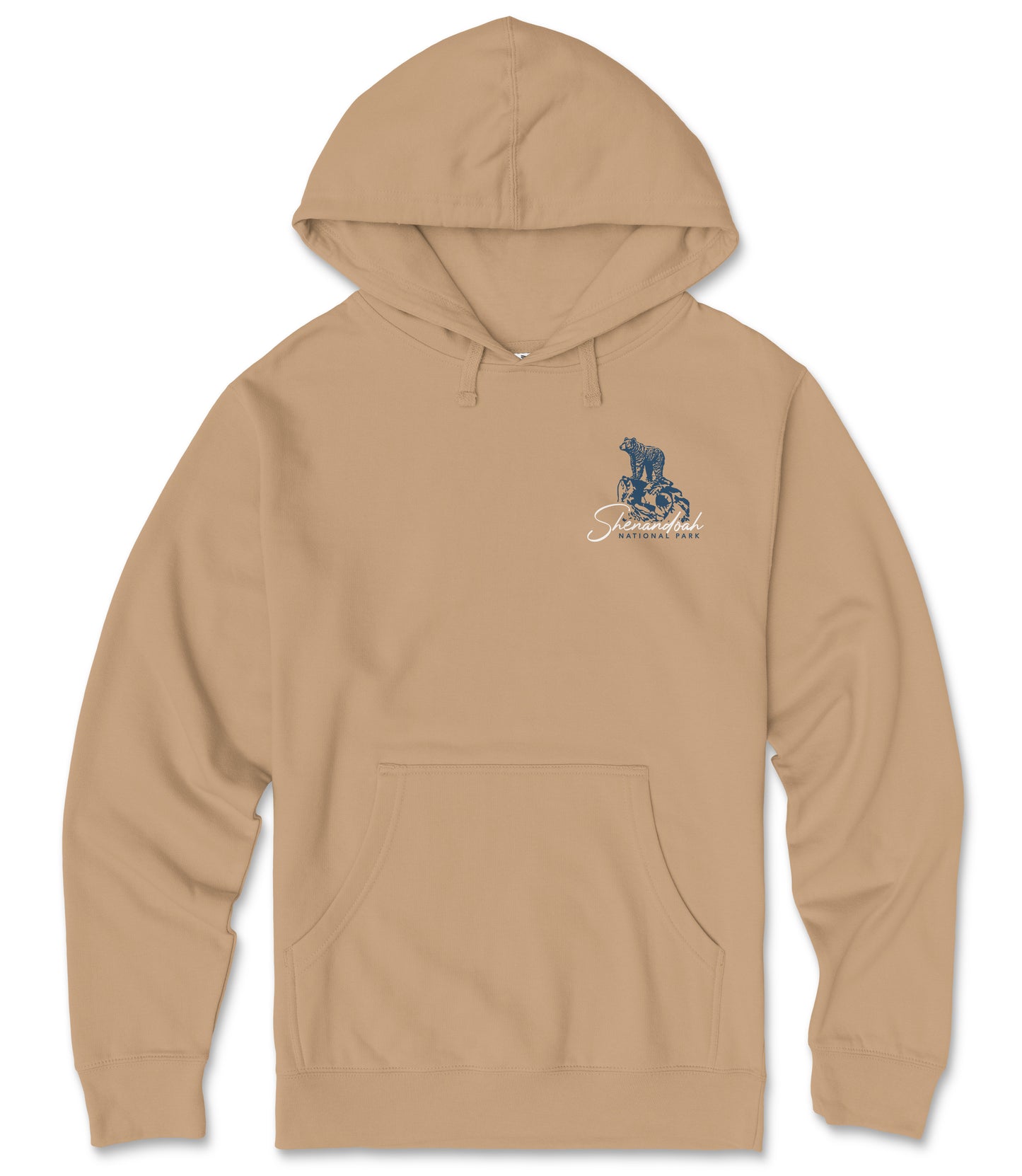 A beige hooded sweatshirt with a graphic design on the front.