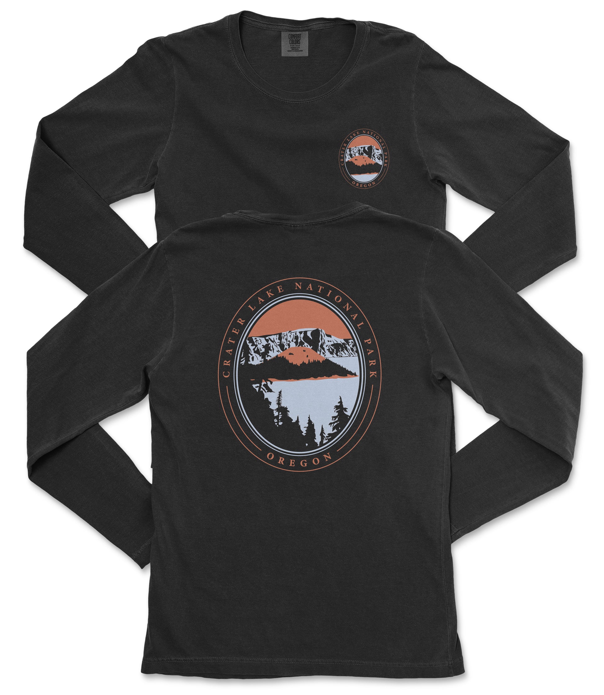 a black long-sleeve t-shirt with a graphic design on the back. The design includes a circular emblem with a mountain range and a lake, surrounded by text that reads "CASTER LAKE NATIONAL PARK, OREGON".