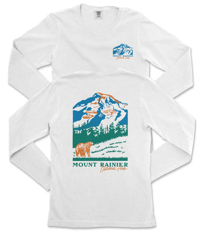 A white long-sleeved t-shirt with a graphic design depicting a mountain landscape and a bear.