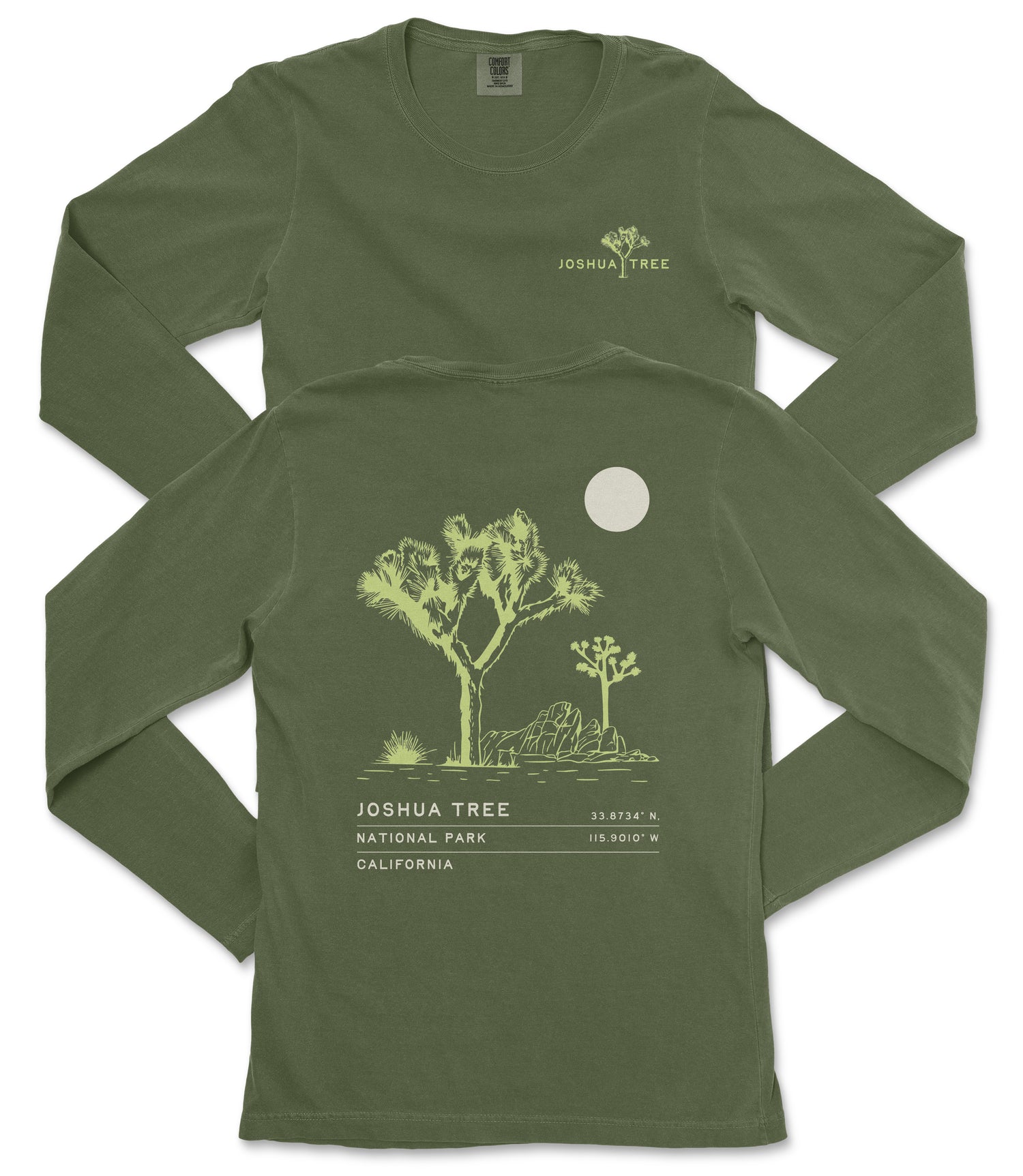 a green long-sleeved t-shirt with a graphic design depicting a Joshua tree and a full moon.