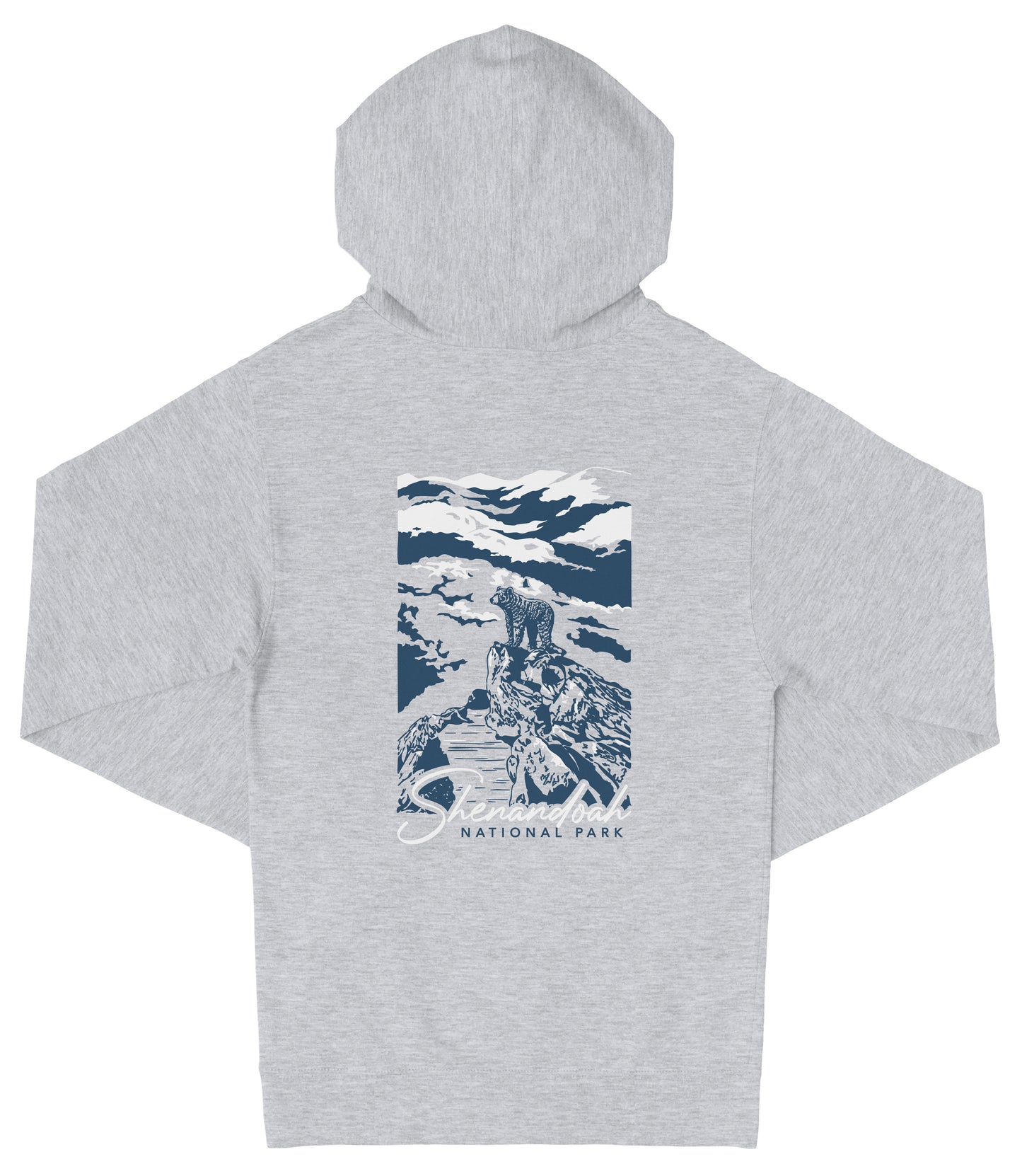 A gray hooded sweatshirt with a graphic design depicting a mountain landscape and the text "National Park" printed on it.