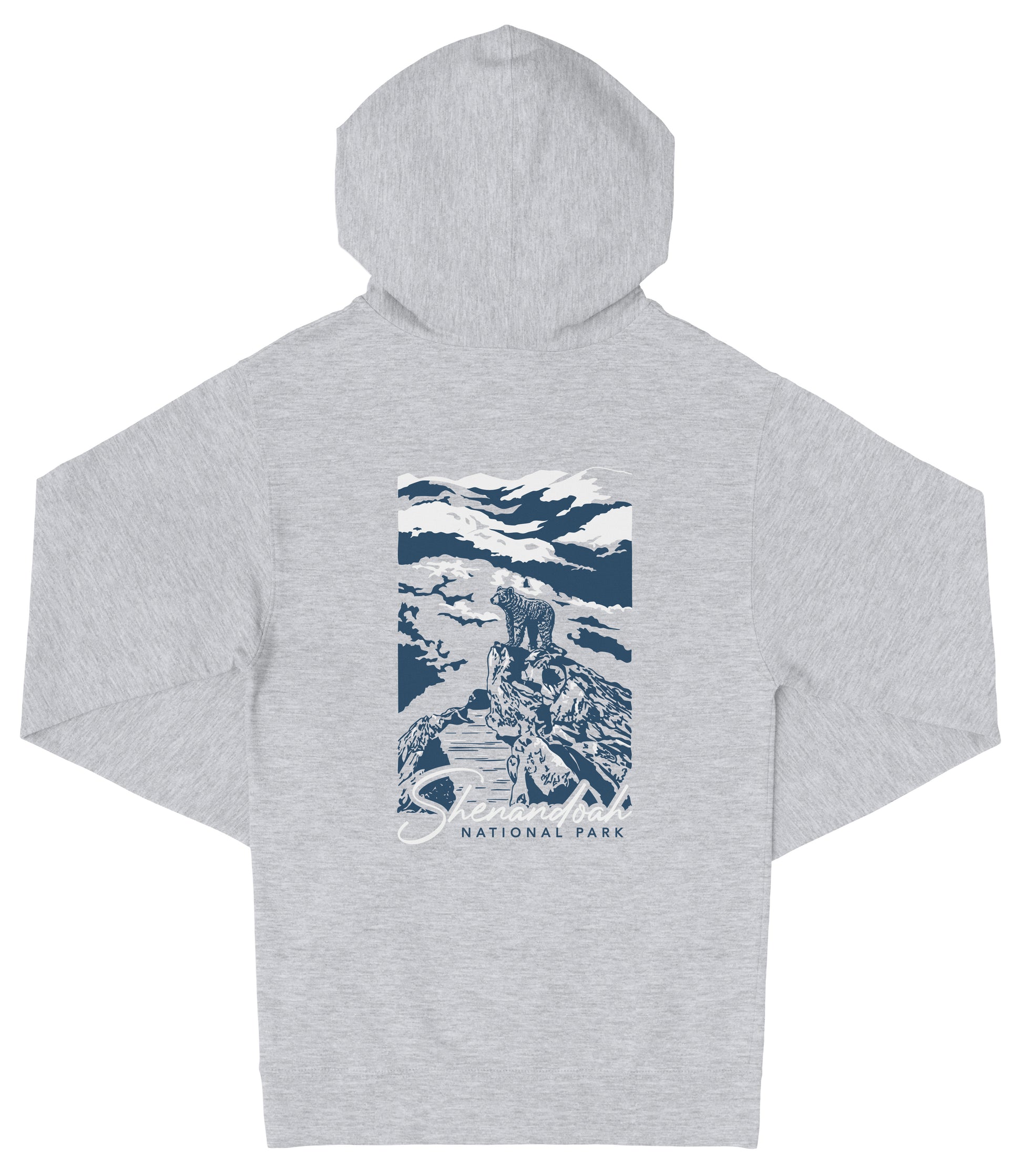 A gray hooded sweatshirt with a graphic design depicting a mountain landscape and the text "National Park" printed on it.