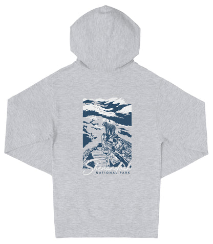 A gray hooded sweatshirt with a graphic design depicting a mountain landscape and the text "National Park" printed on it.