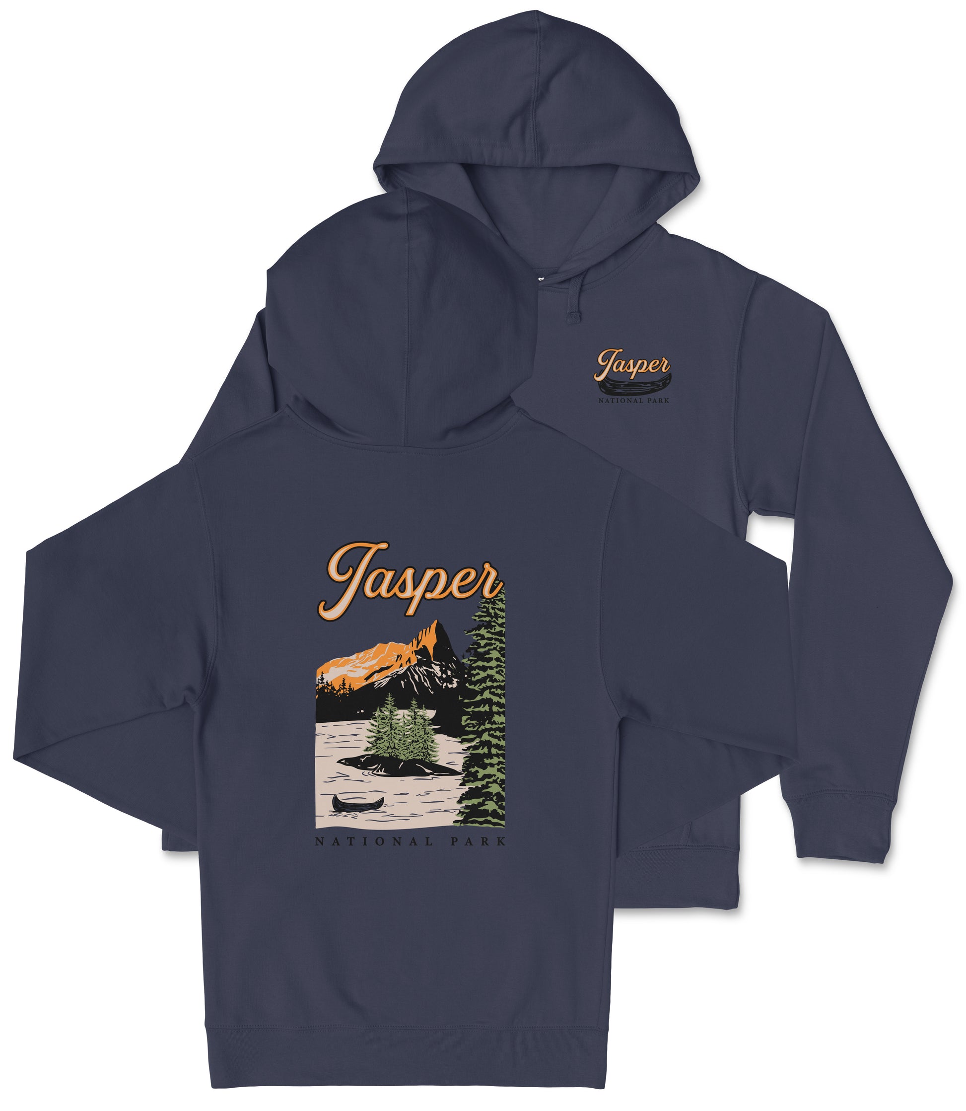 A navy blue hooded sweatshirt with a graphic design depicting a scenic landscape with mountains, trees, and a lake.