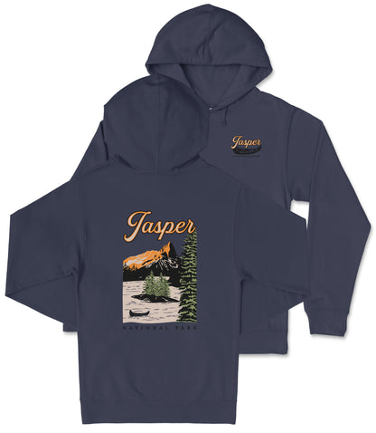 A navy blue hooded sweatshirt with a graphic design depicting a scenic landscape with mountains, trees, and a lake.