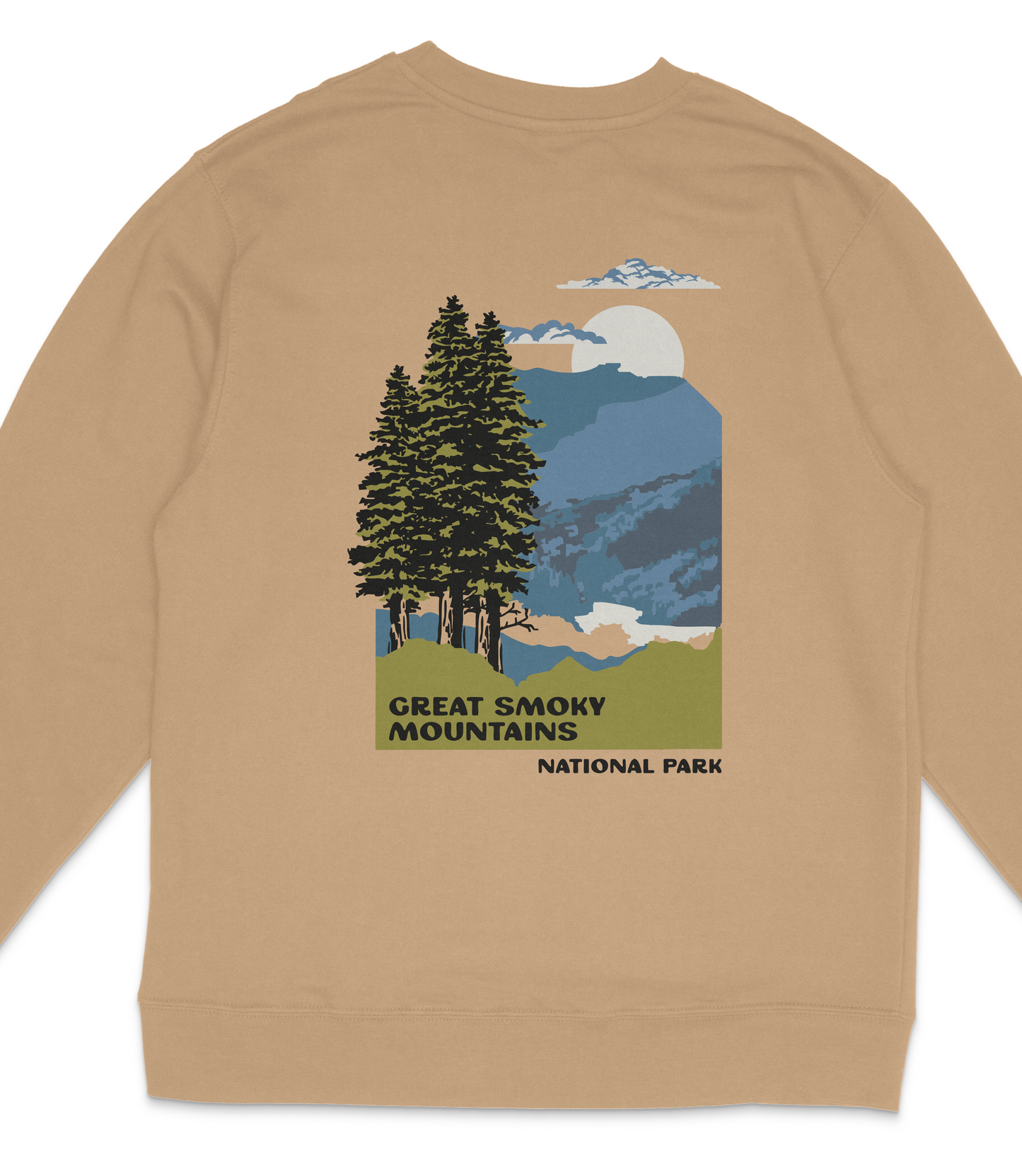 a beige sweatshirt with a graphic design depicting a scenic mountain landscape with pine trees, a lake, and a mountain range.