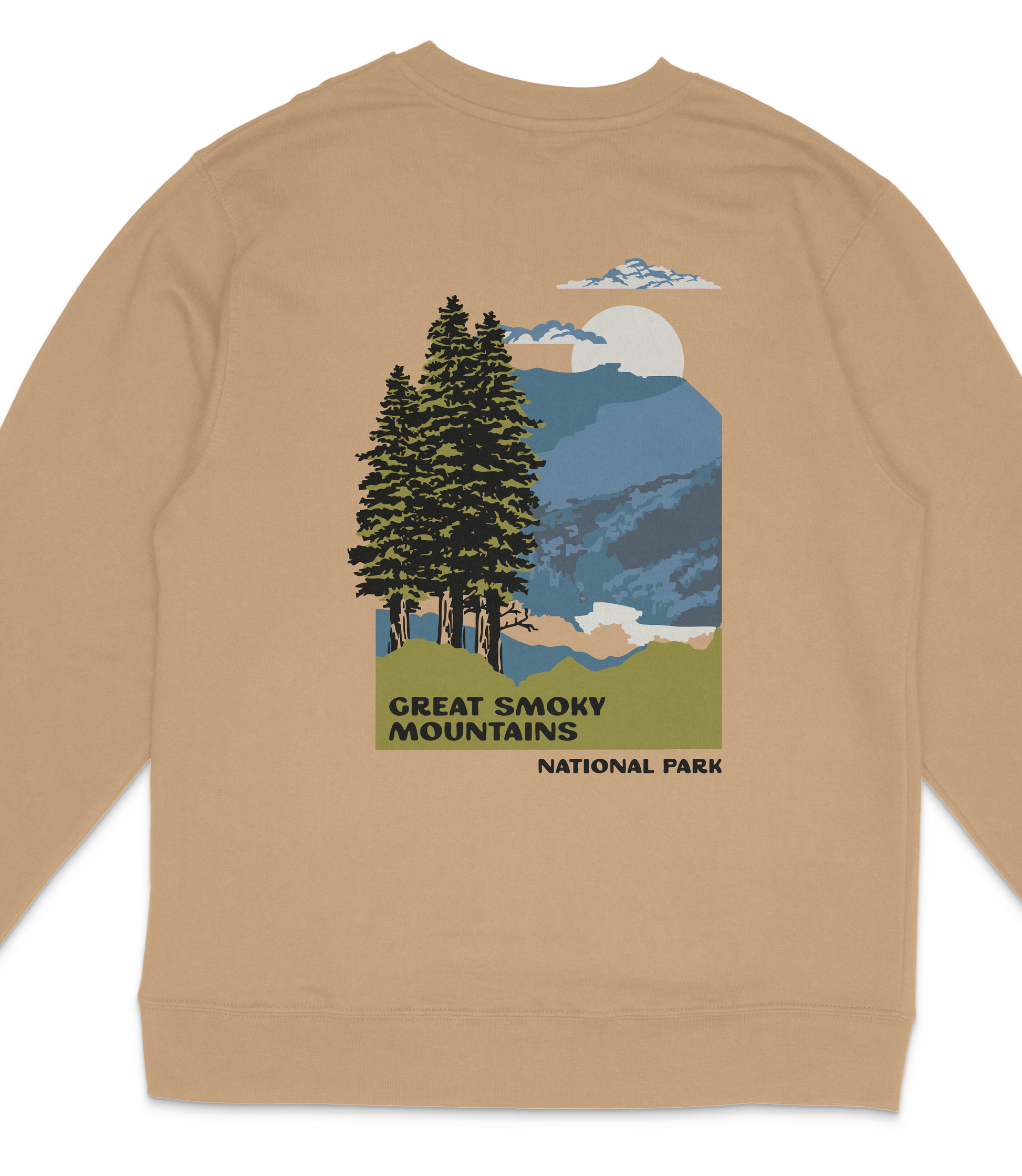 a beige sweatshirt with a graphic design depicting a scenic mountain landscape with pine trees, a lake, and a mountain range.