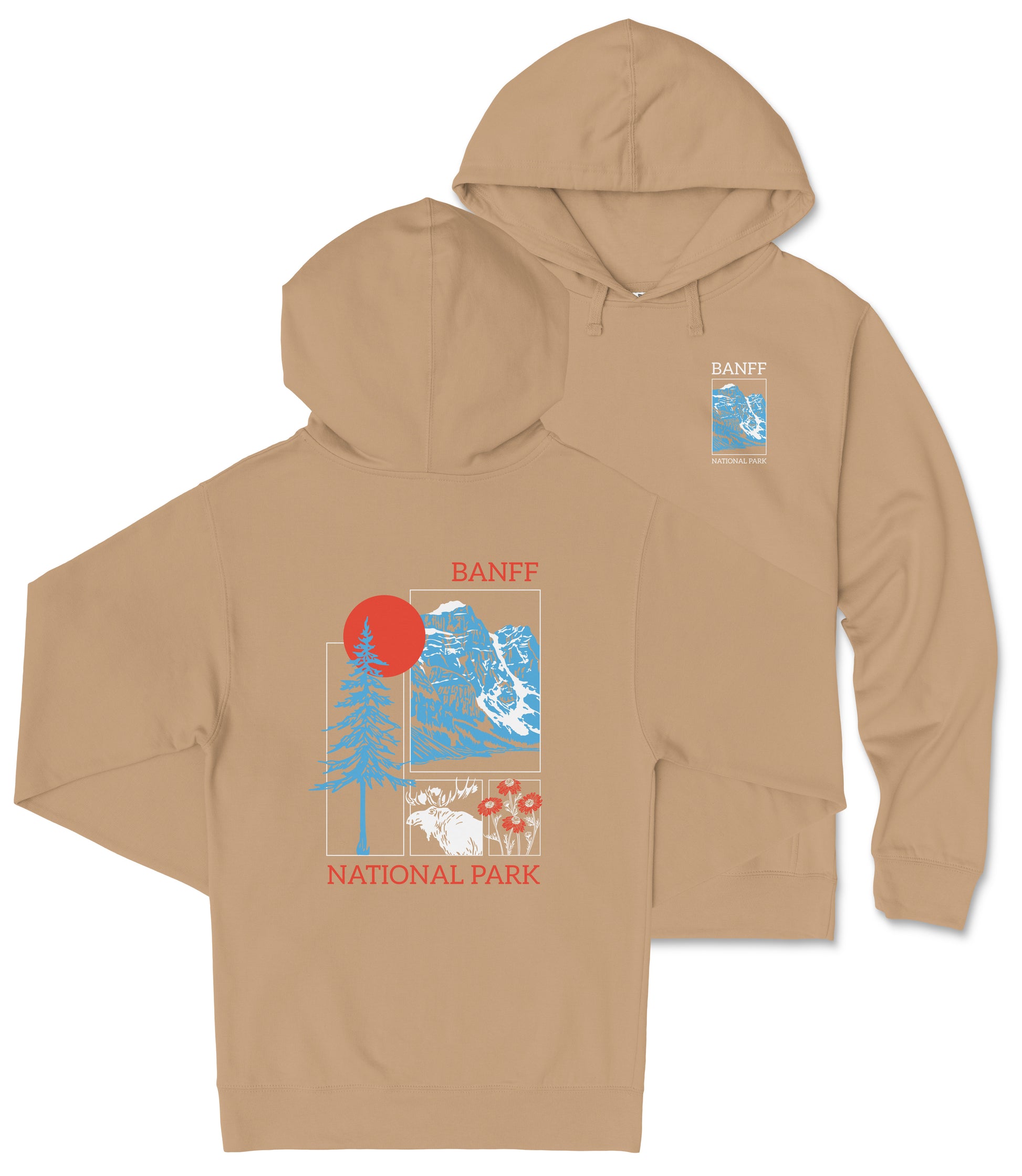 A beige hooded sweatshirt with a graphic design on the back, depicting a forest scene with a red sun and blue sky.