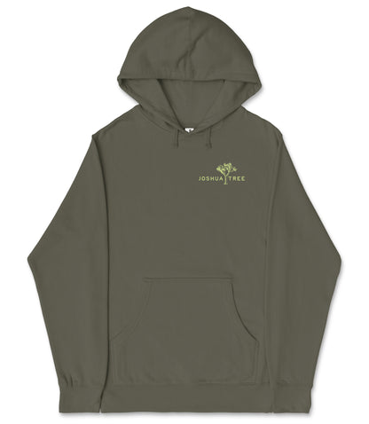 A dark green hoodie with a logo on the front.