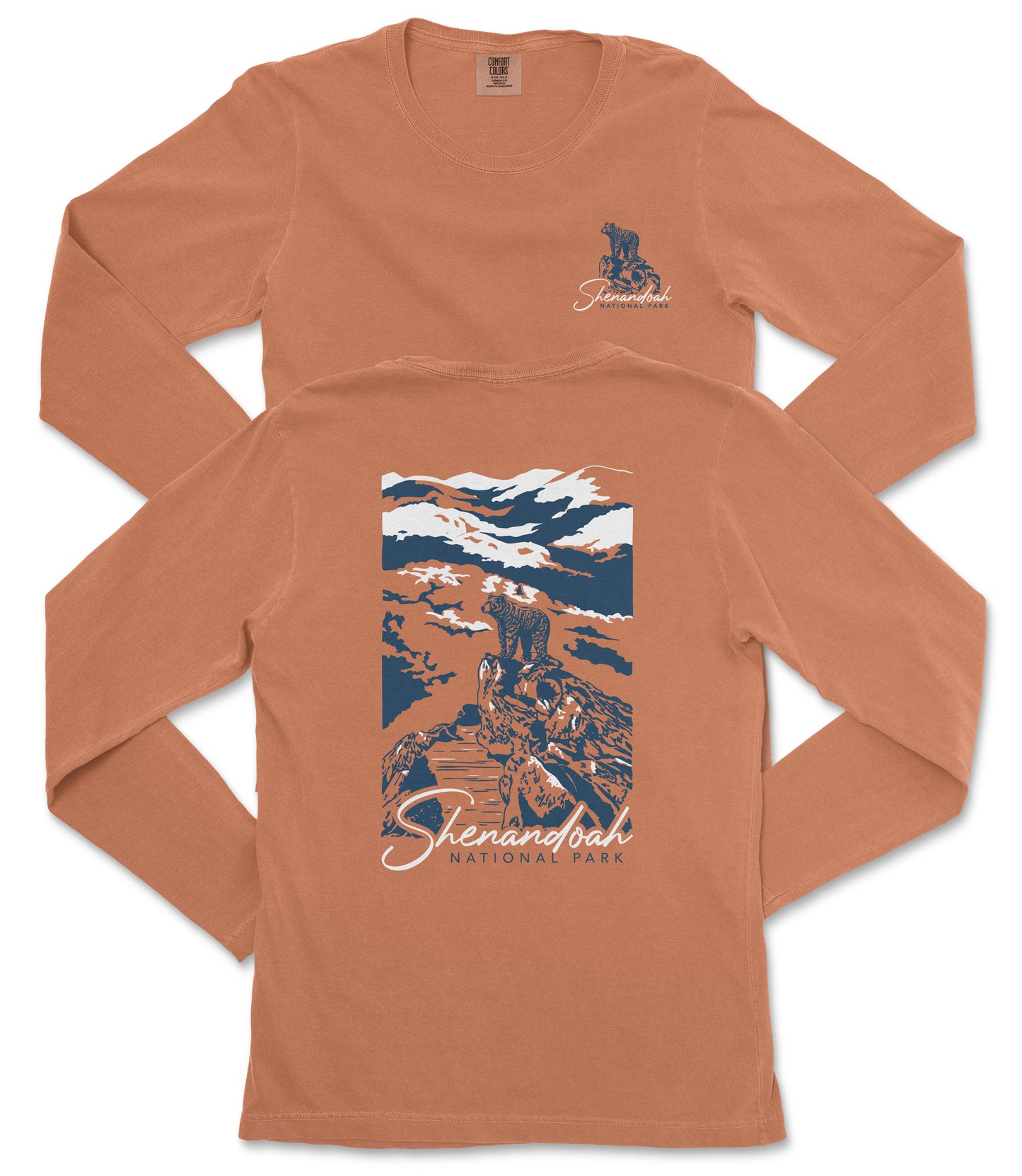 a long-sleeved orange t-shirt with a graphic design depicting a mountain landscape and a bear. The text "Shenandoah National Park" is printed on the back of the shirt.