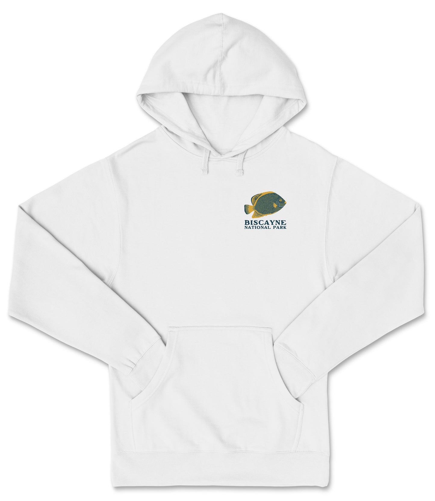 A white hoodie with a graphic of a fish and text on the front pocket.