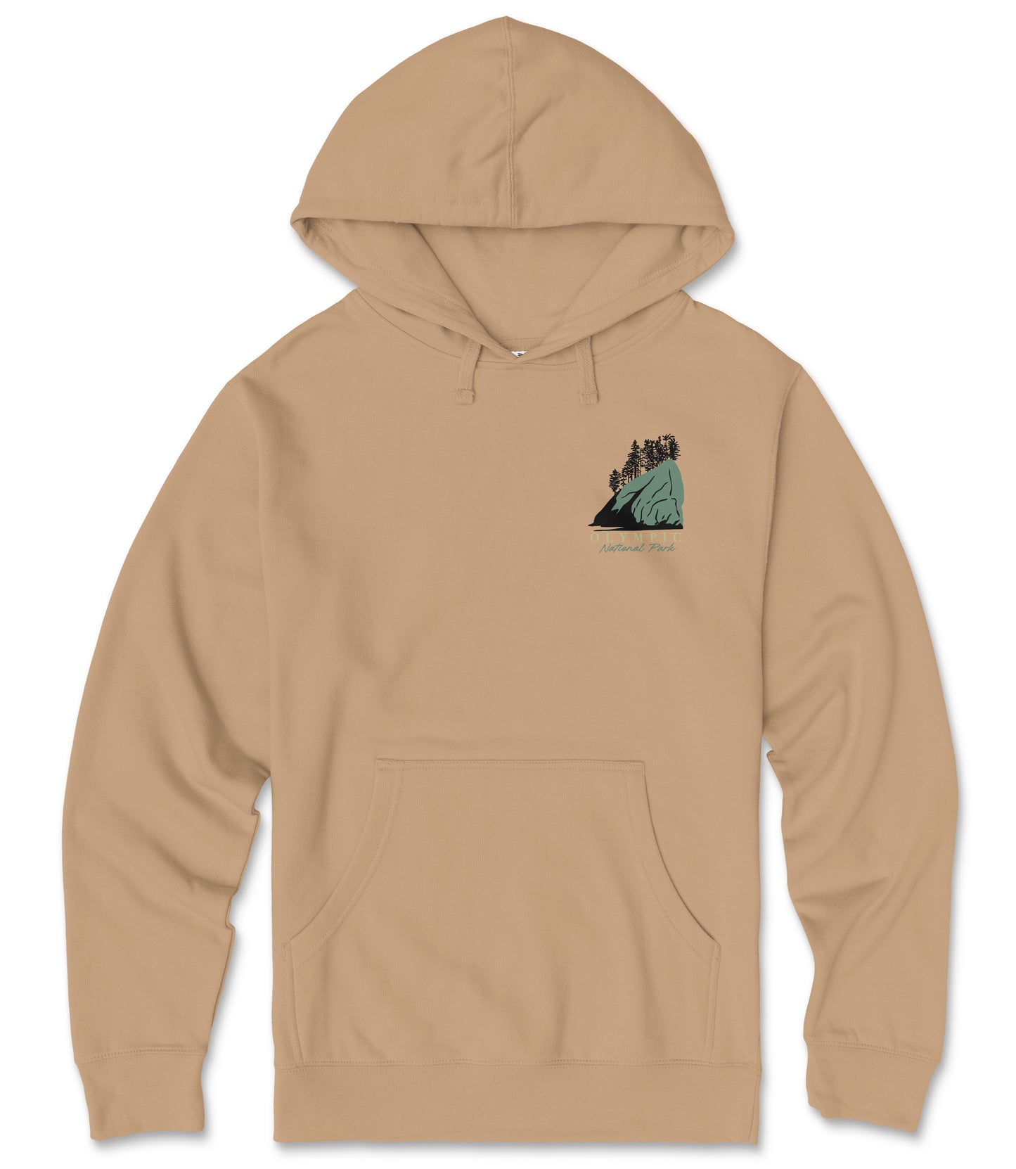A beige hooded sweatshirt with a graphic design on the front pocket.