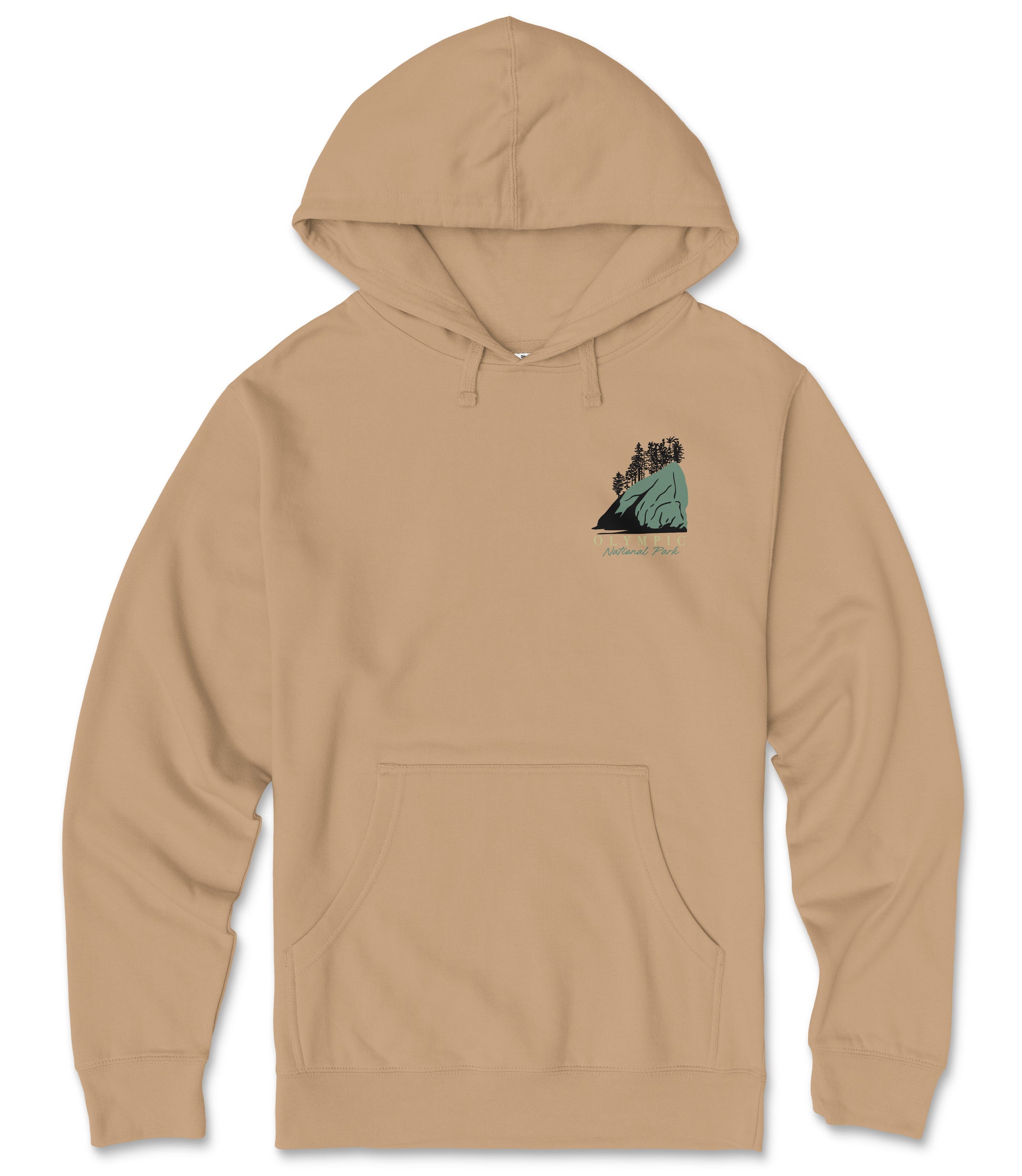 A beige hooded sweatshirt with a graphic design on the front pocket.