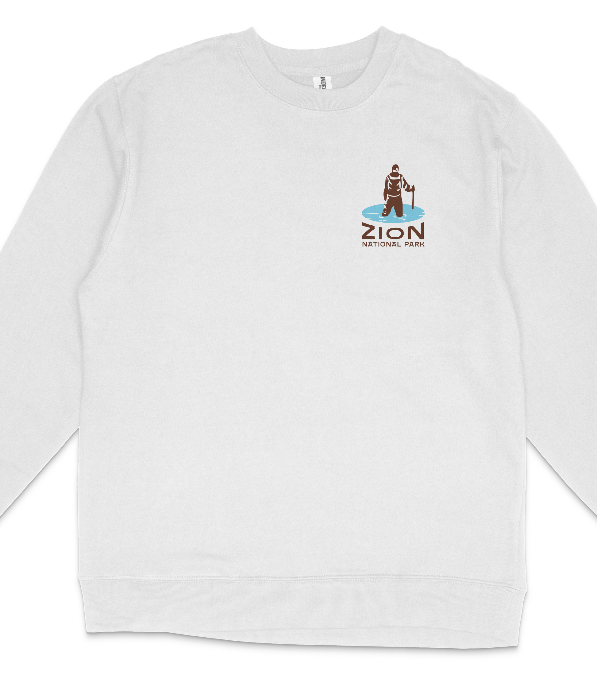 A white long-sleeved shirt with a logo on the left side.