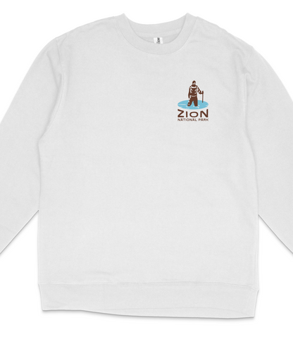 A white long-sleeved shirt with a logo on the left side.