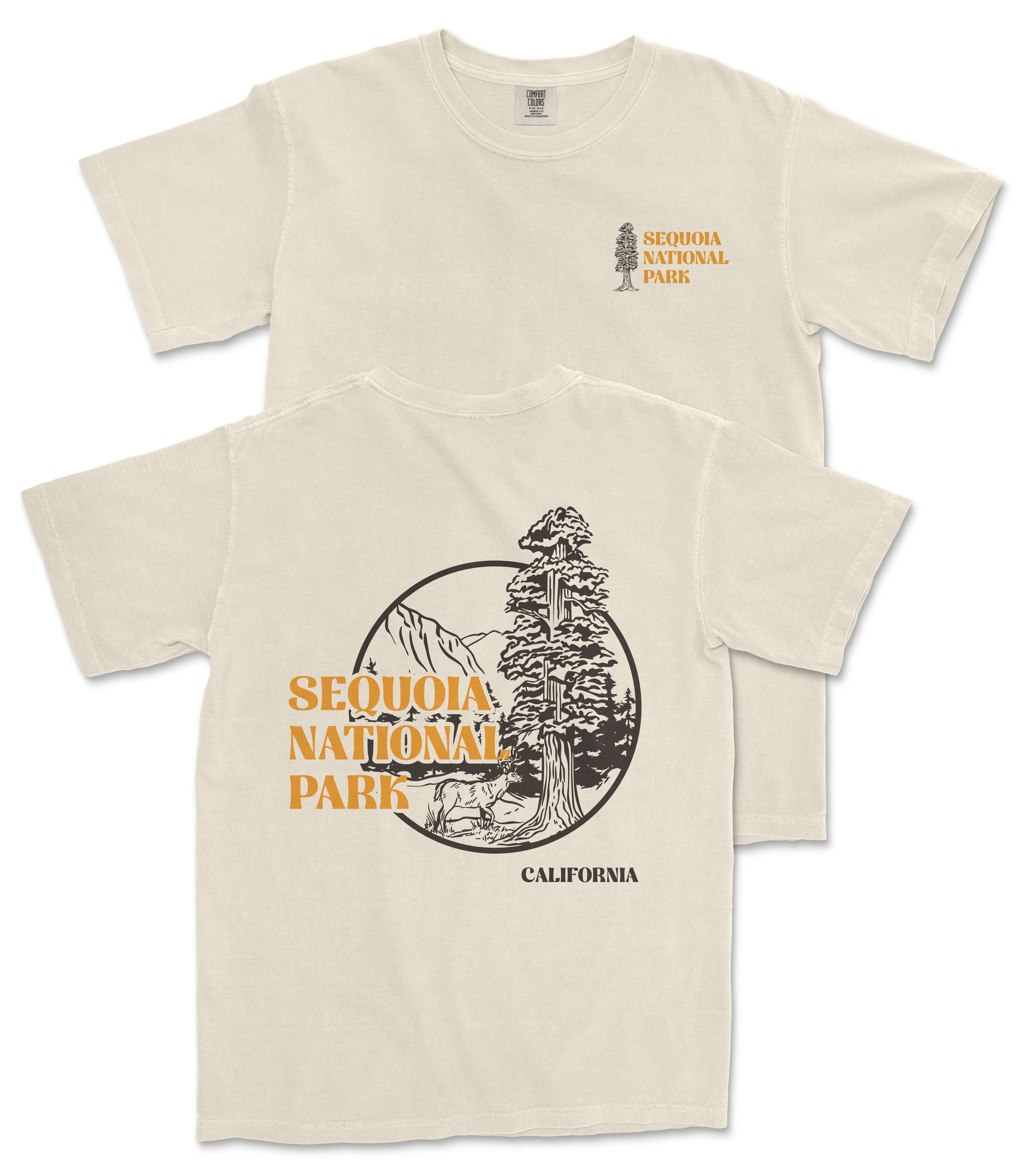 a beige t-shirt with a graphic design depicting a tree and mountains, along with the text "SEQUOIA NATIONAL PARK" and "CALIFORNIA" printed on it.