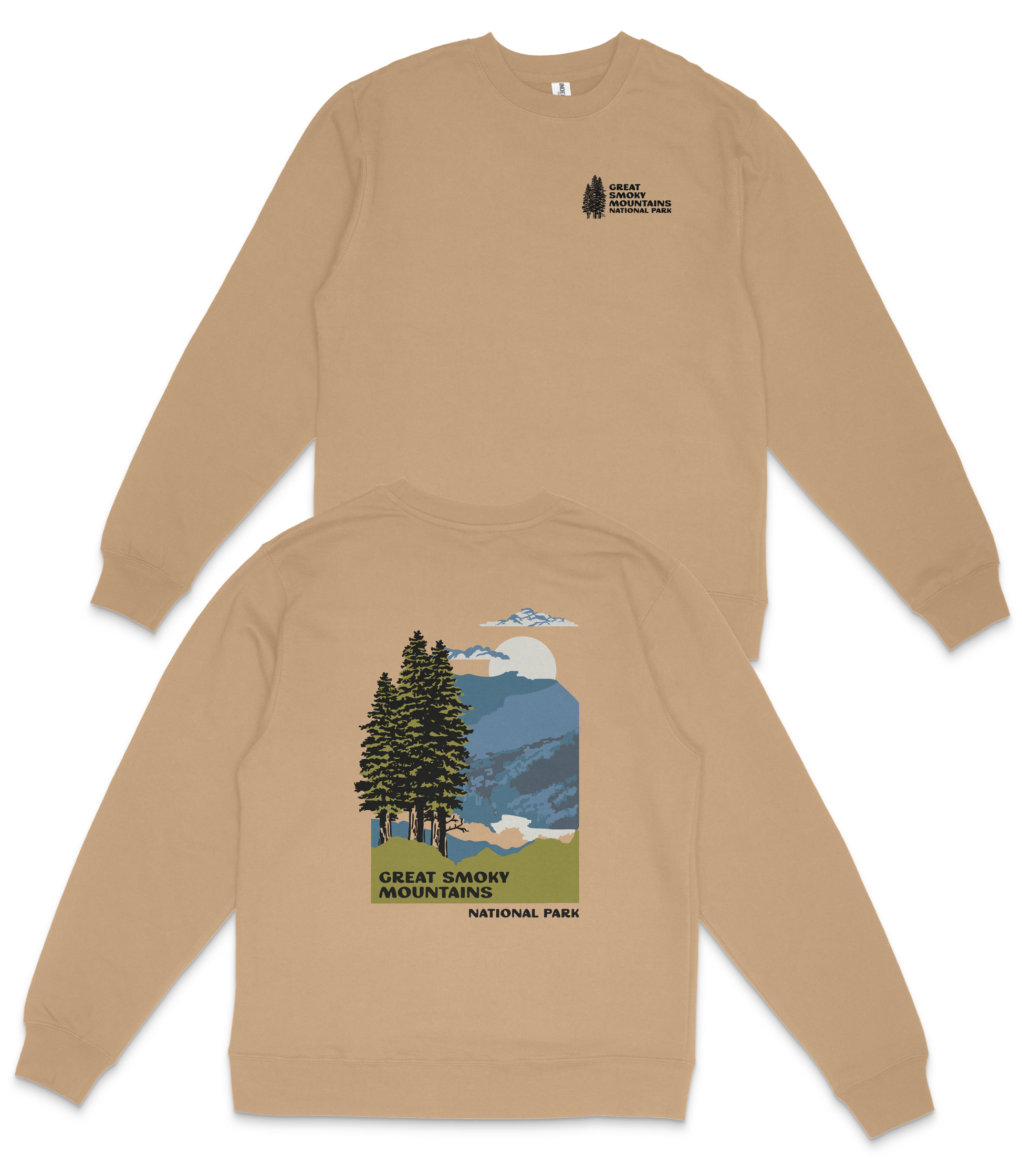a beige sweatshirt with a graphic design depicting a mountain landscape with pine trees and a cloudy sky.