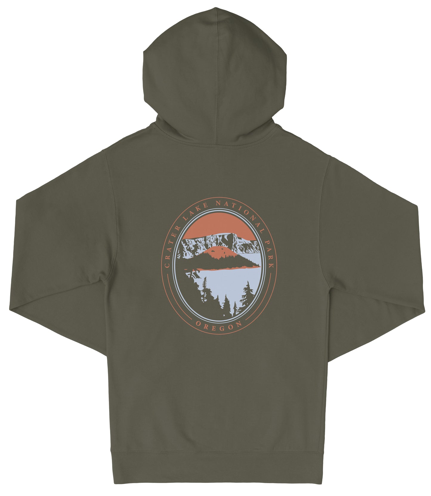 A dark green hooded sweatshirt with a circular graphic design on the back featuring a mountain landscape and the text "Crest Lake National Recreation Area Oregon".