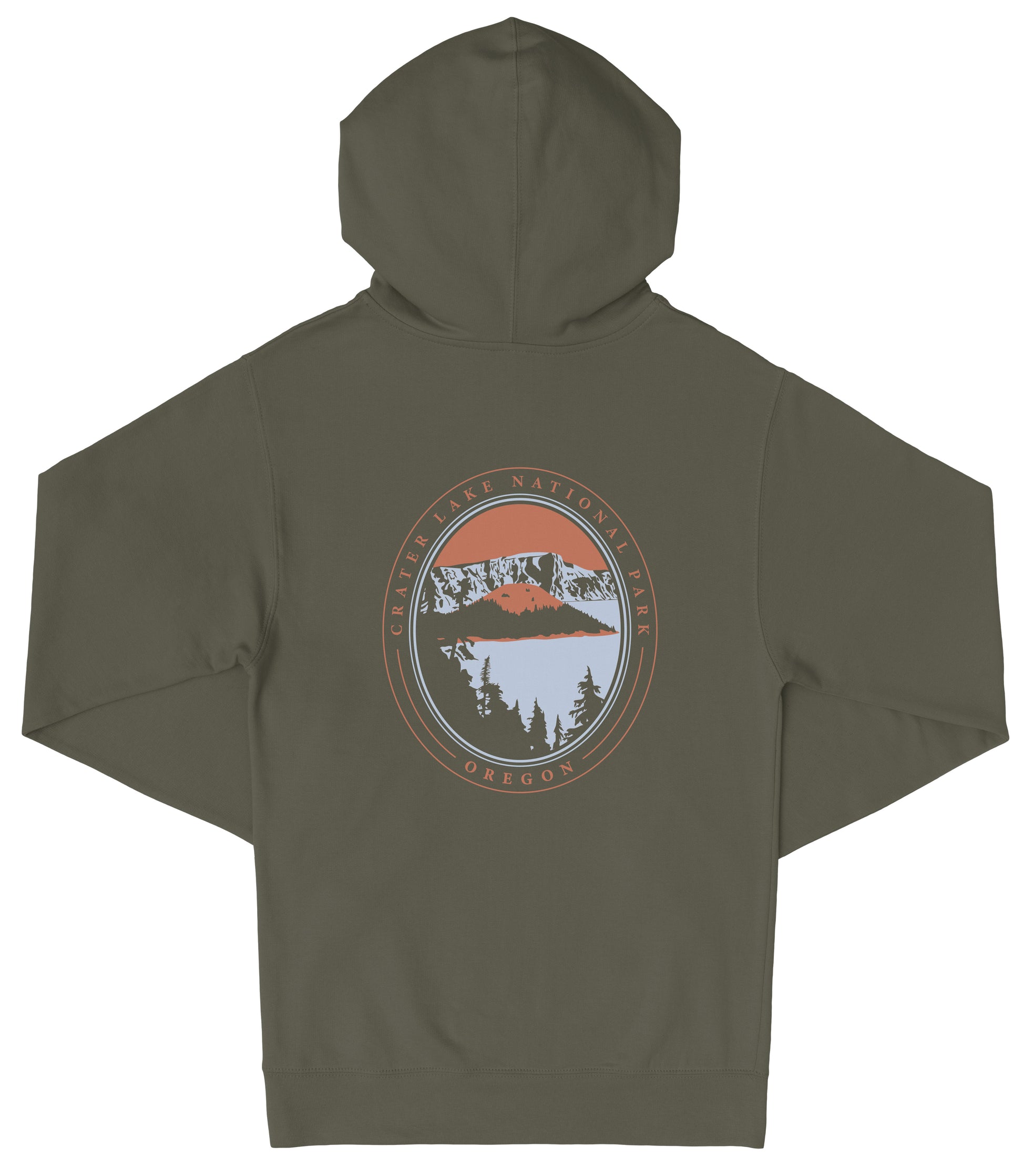 A dark green hooded sweatshirt with a circular graphic design on the back featuring a mountain landscape and the text "Crest Lake National Recreation Area Oregon".