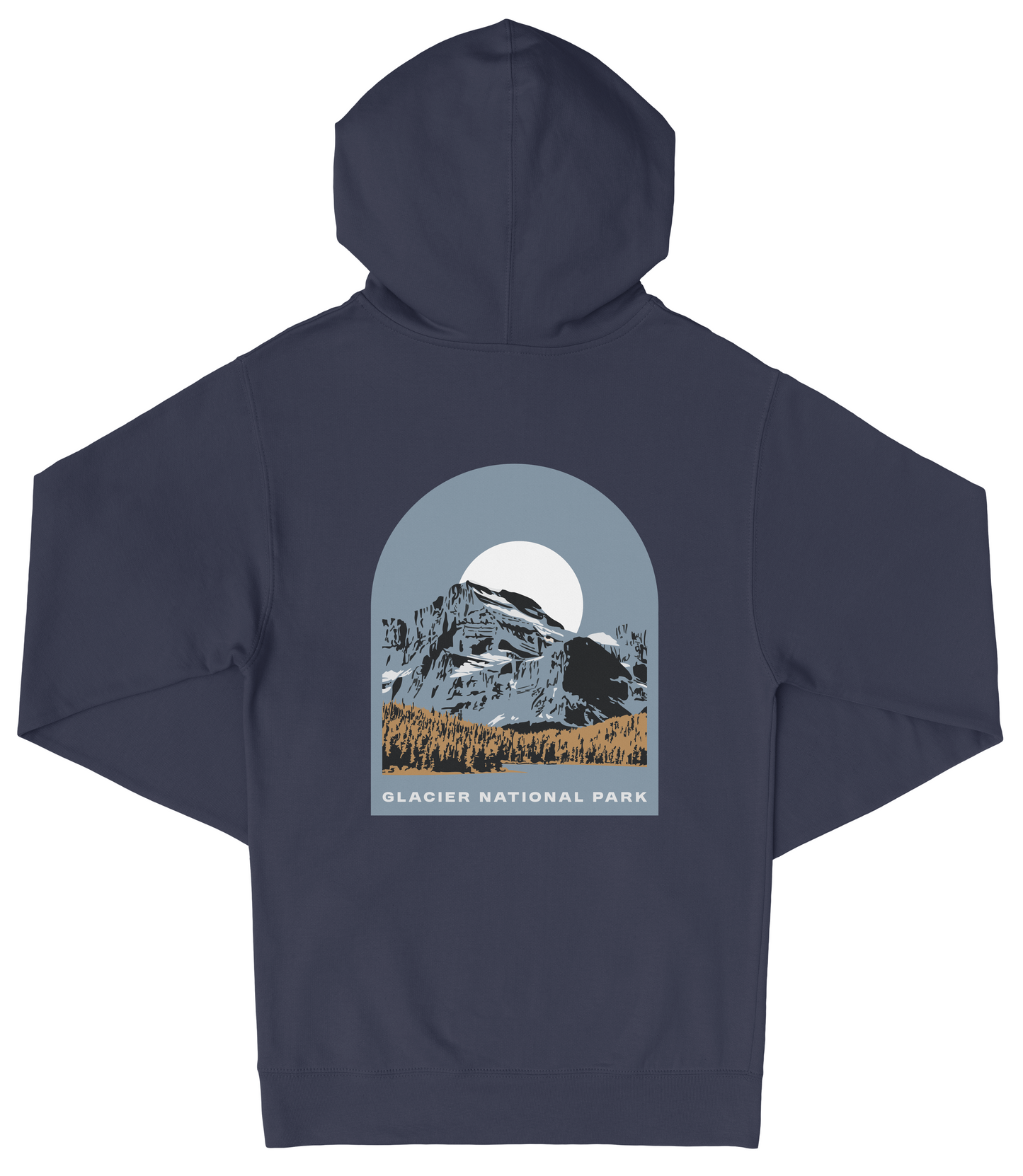 A navy blue hooded sweatshirt with a graphic design depicting a mountain landscape and a full moon.