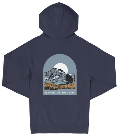 A navy blue hooded sweatshirt with a graphic design depicting a mountain landscape and a full moon.