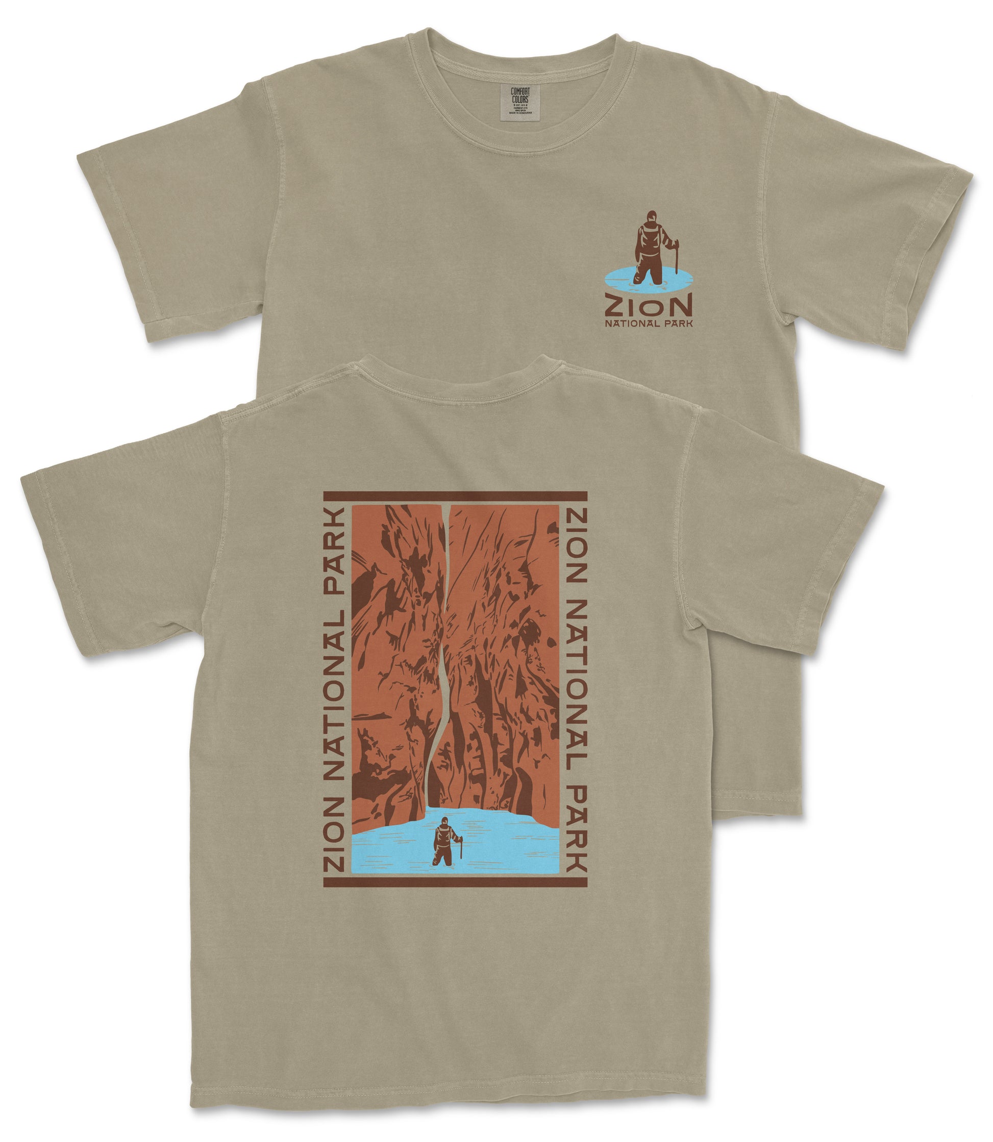 a t-shirt with a graphic design depicting a person standing in front of a waterfall, surrounded by a desert landscape.