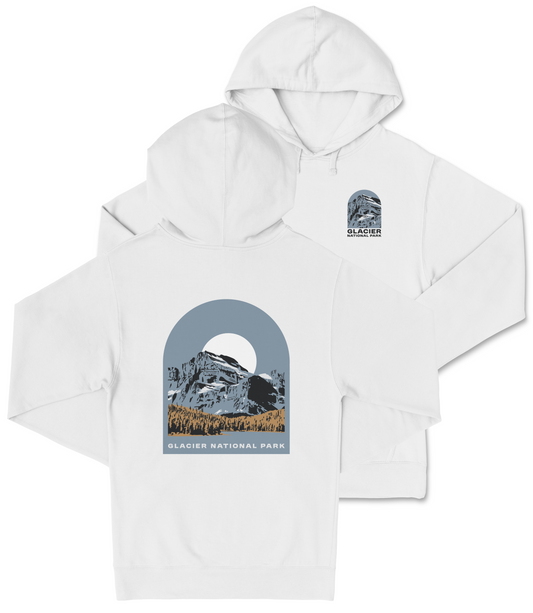 A white hooded sweatshirt with a graphic design depicting a mountain landscape and the text "Glacier National Park" printed on it.