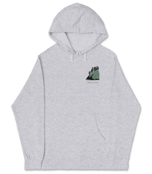 A gray hooded sweatshirt with a small graphic design on the front.