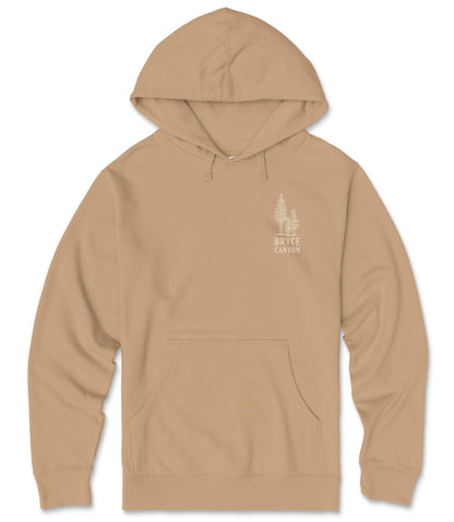 A beige hooded sweatshirt with a graphic design on the front.