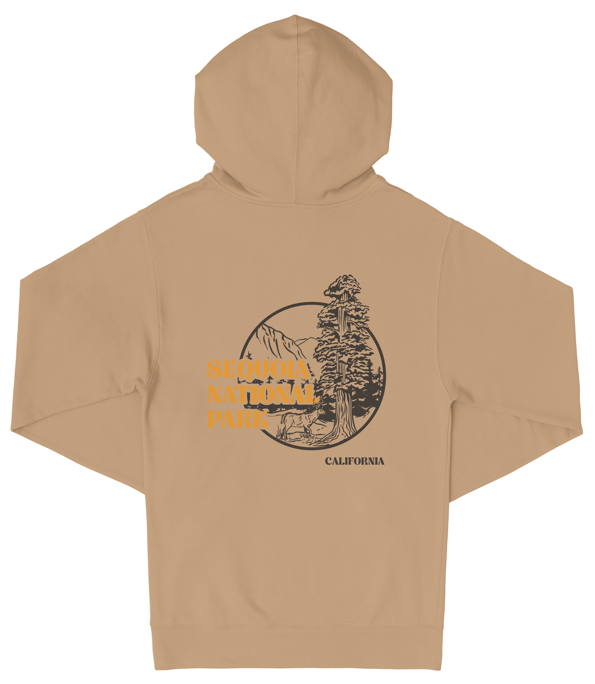 A tan hooded sweatshirt with a graphic design featuring a tree and mountains, along with text that reads "SEQUOIA NATIONAL PARK CALIFORNIA".