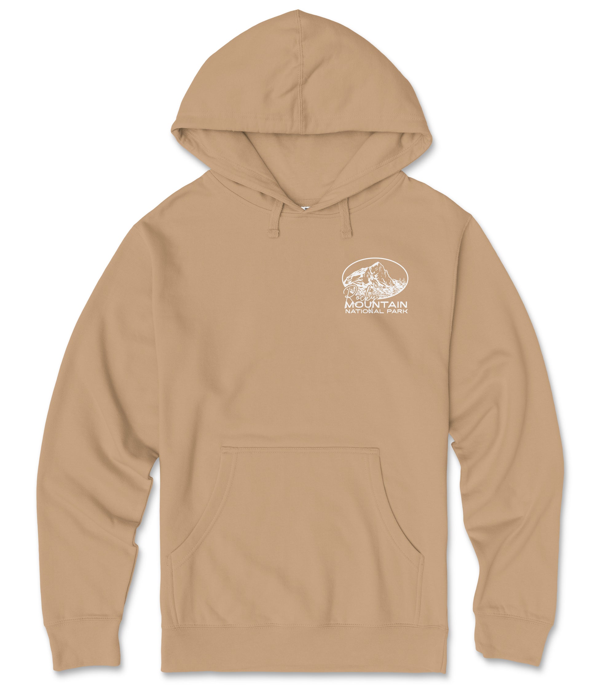 A beige hooded sweatshirt with a graphic design on the front.