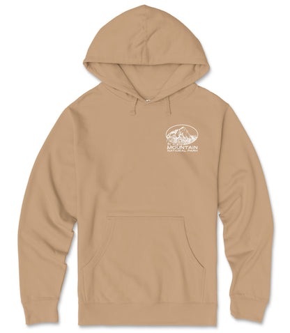 A beige hooded sweatshirt with a graphic design on the front.