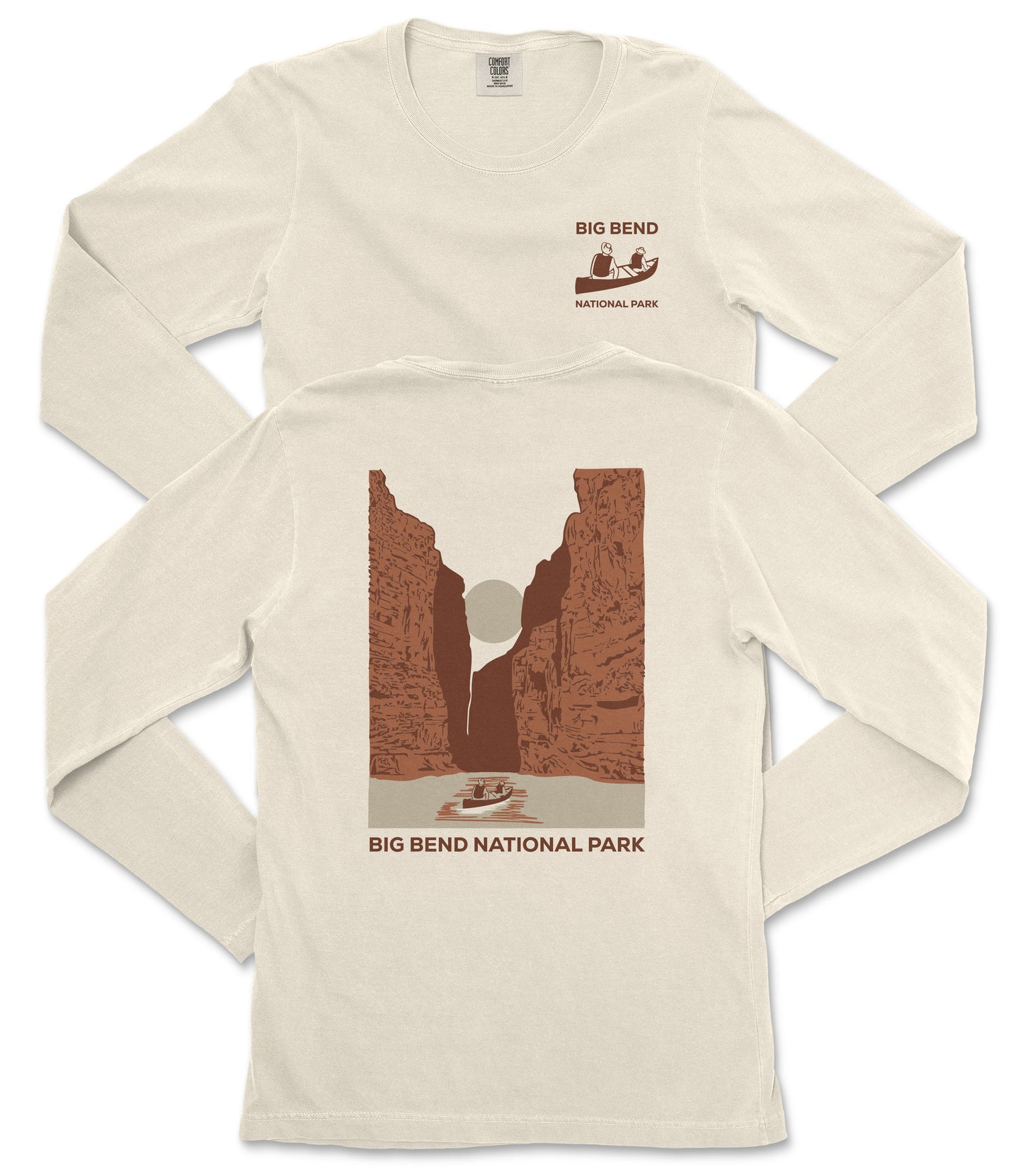 a white long-sleeved t-shirt with a graphic design depicting a canyon and a boat on a river. The text on the t-shirt reads "BIG BEND NATIONAL PARK" and "BIG BEND".